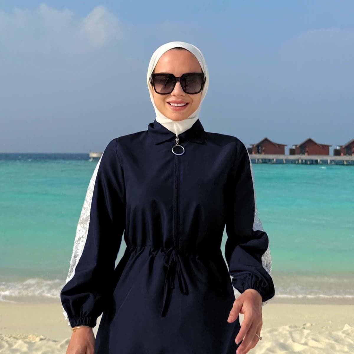 Sequin Detail Navy Blue Modest Swimsuit Set | 2-Piece Quick Dry Full Coverage Hijab Swimwear for Muslim Women | Summer Burkini,(KH-2073)