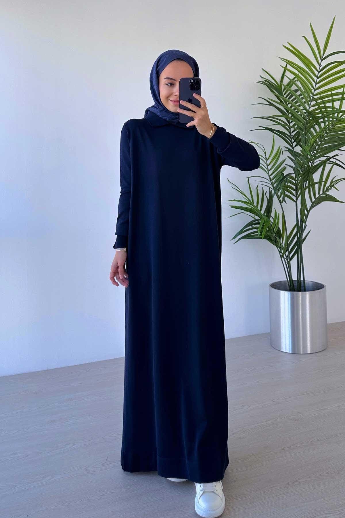 Elegant Shirt Collar Mercerized Dress – Navy Blue Modest Wear, Long Sleeve, Comfortable Daily Outfit, Available in Sizes 36-42,(KH-2011) - image 3