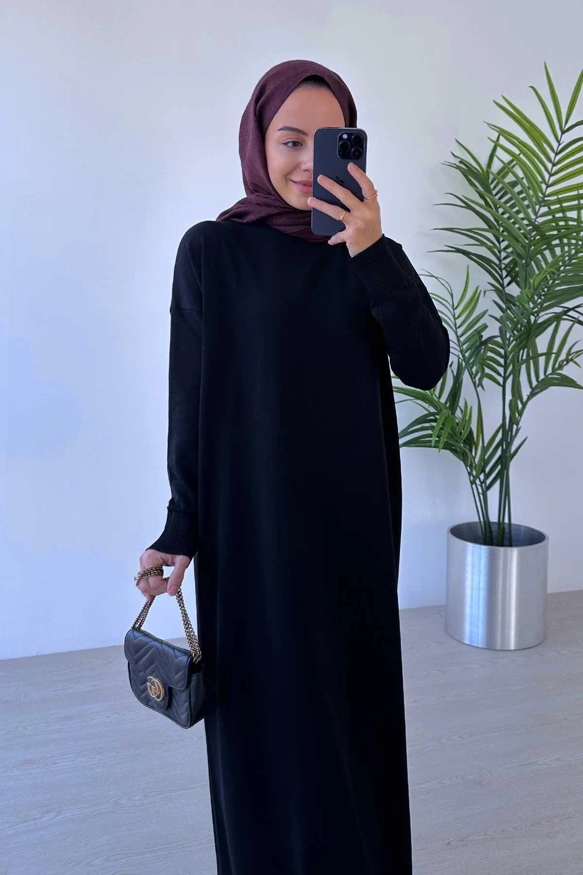 Elegant Black Mercerized Knitwear Dress - Long Sleeve Modest Fashion, Comfortable and Stylish Knit Maxi for Women,(KH-1885)