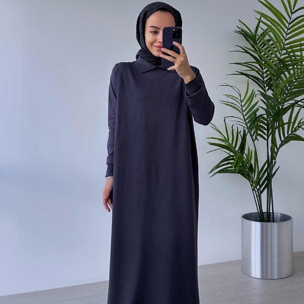 Elegant Shirt Collar Mercerized Dress for Modest Fashion - Smoky Gray Long-Sleeve Dress for Everyday & Special Occasions,(KH-2011) - image 5