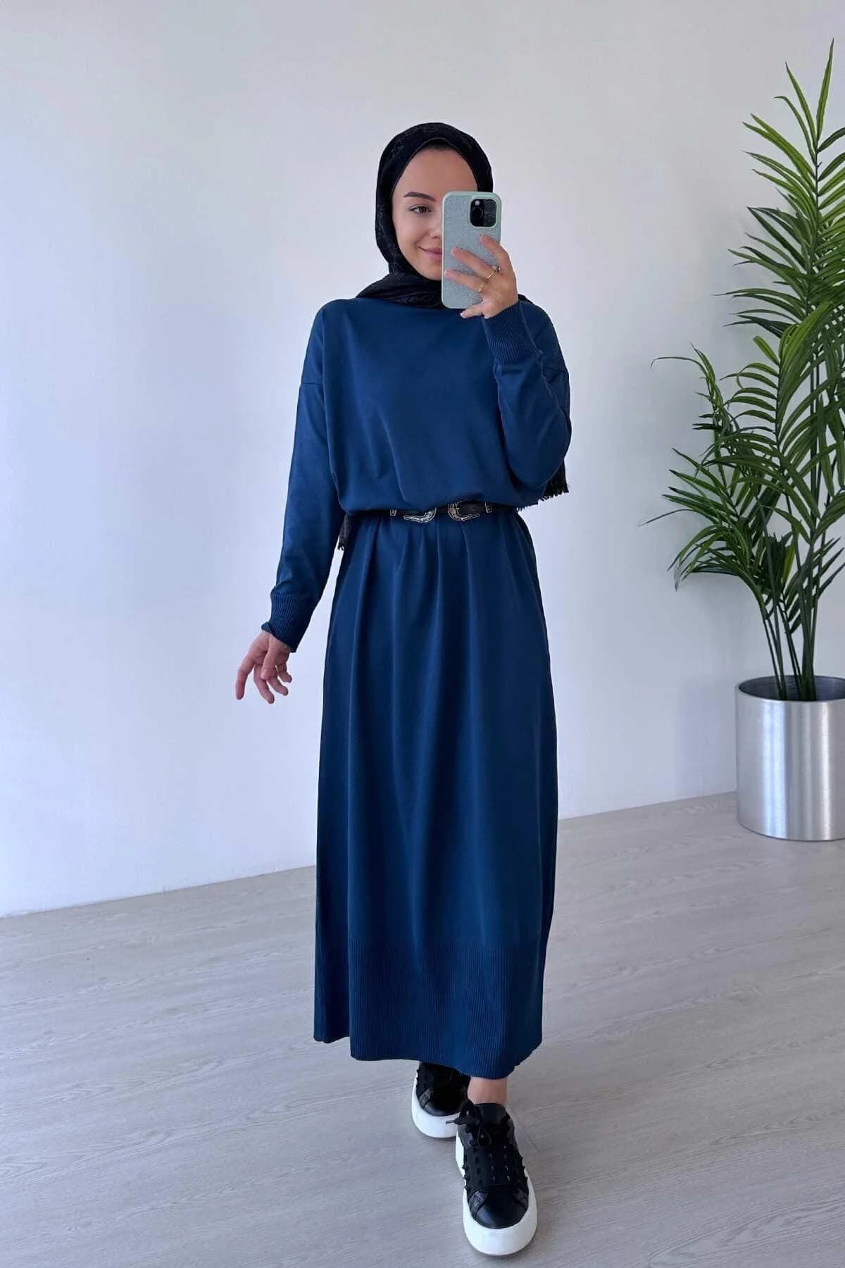 Petrol Blue Mercerized Knitwear Dress–Long-Sleeve Modest Fit,Perfect for Hijabi Fashion, Casual-Formal Outfits, Comfortable Fabric,(KH-1718)
