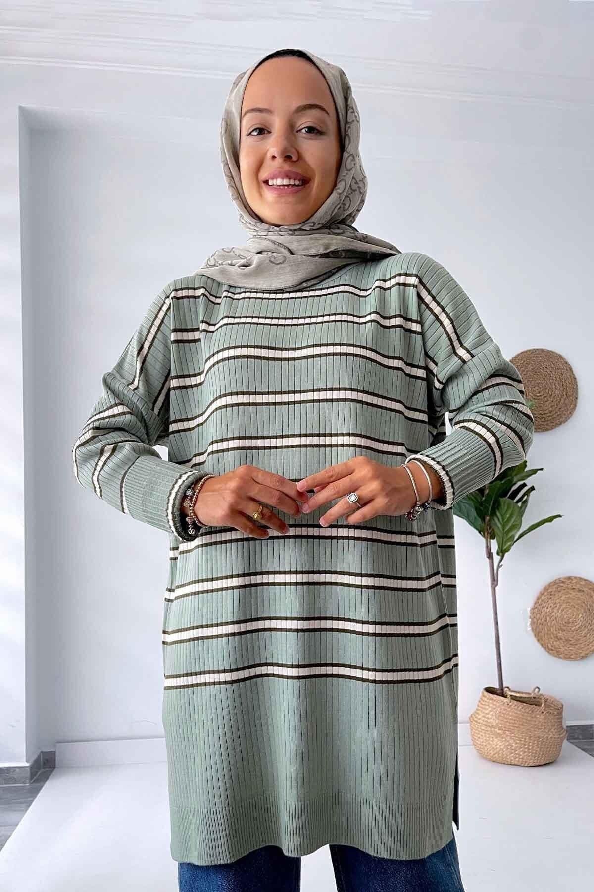 Green Knitwear Tunic - Stylish Striped Long Sweater for Women, Trendy and Comfortable, Perfect for Casual and Everyday Wear,(KH-1339)