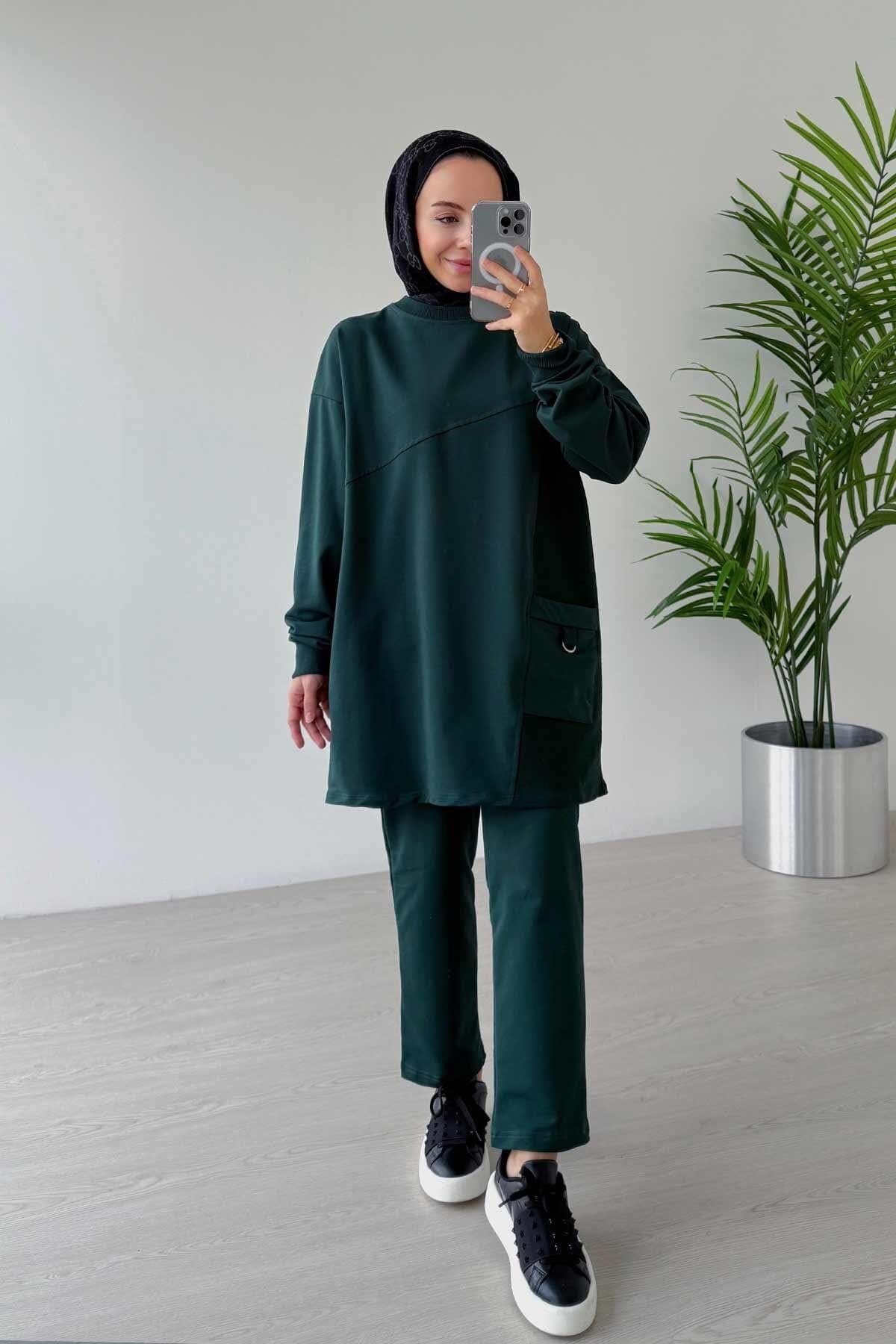 Emerald Green Crew Neck Two Yarn Suit with Single Pocket - Women's Stylish and Comfortable Modest Set for Everyday Wear,(KH-2021) - image 3