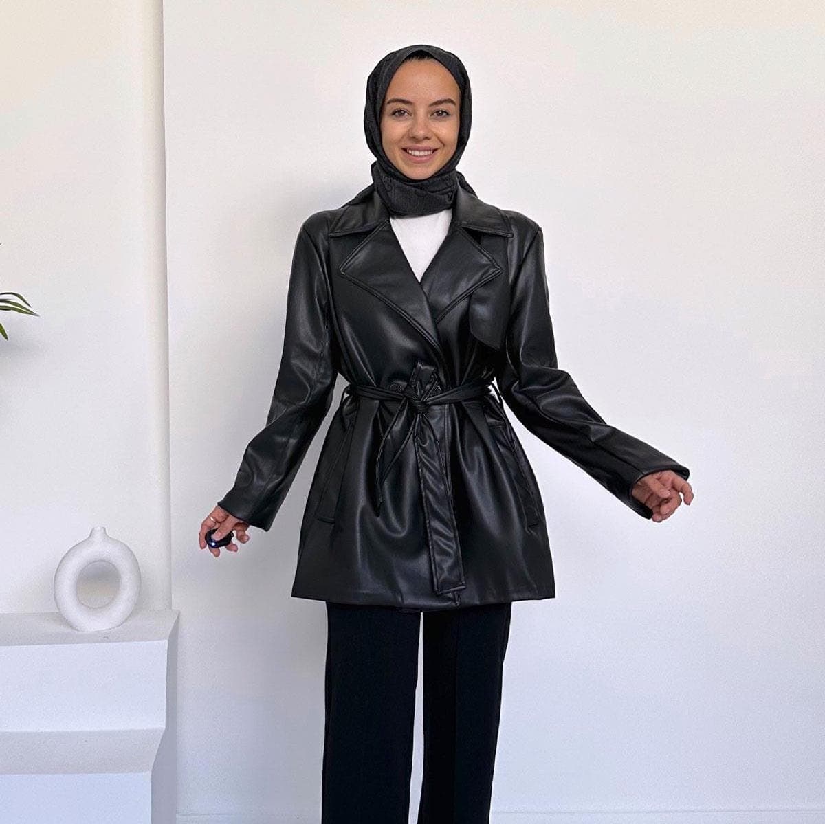 Belted Faux Leather Jacket for Women - Black PU Leather Blazer Coat with Side Pockets - Trendy Vegan Leather Outerwear,(KH-1882) - image 4