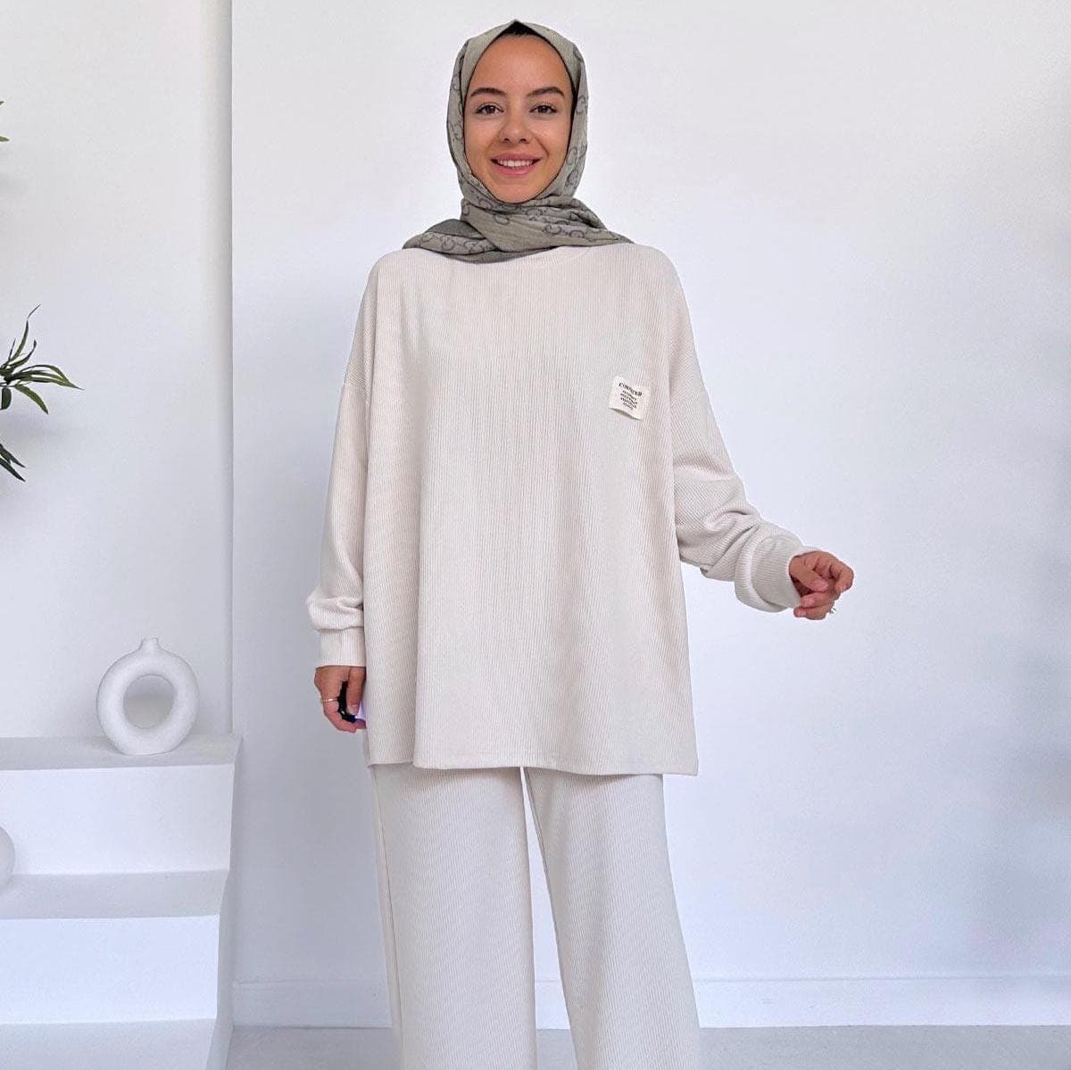 Side Slit Roving Sports Suit - Beige | Modest Fit Ribbed Loungewear Set | Two-Piece Relaxed Fit Outfit for Women,(KH-1878) - image 5
