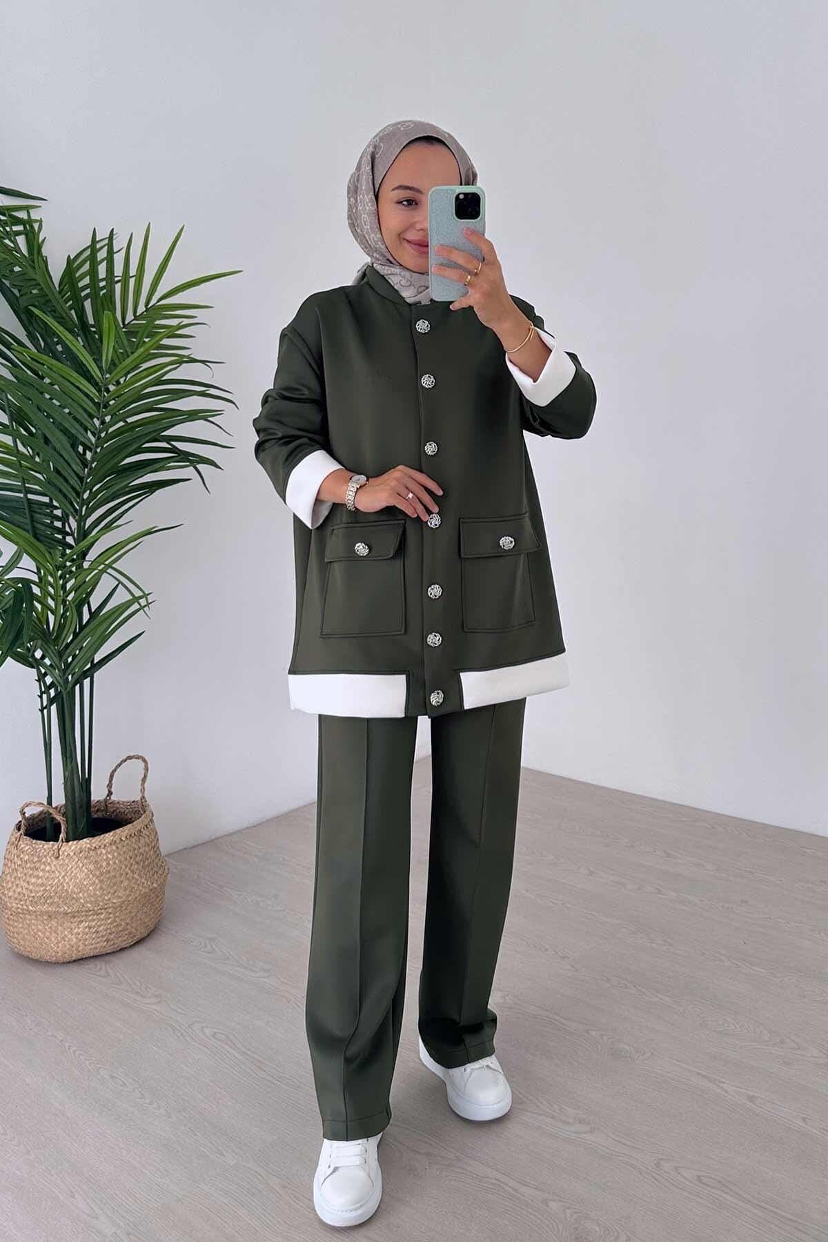 Stylish Khaki Button Detailed Double Scuba Suit for Women - Comfortable, Elegant, and Perfect for Everyday or Special Occasions,(KH-1991)