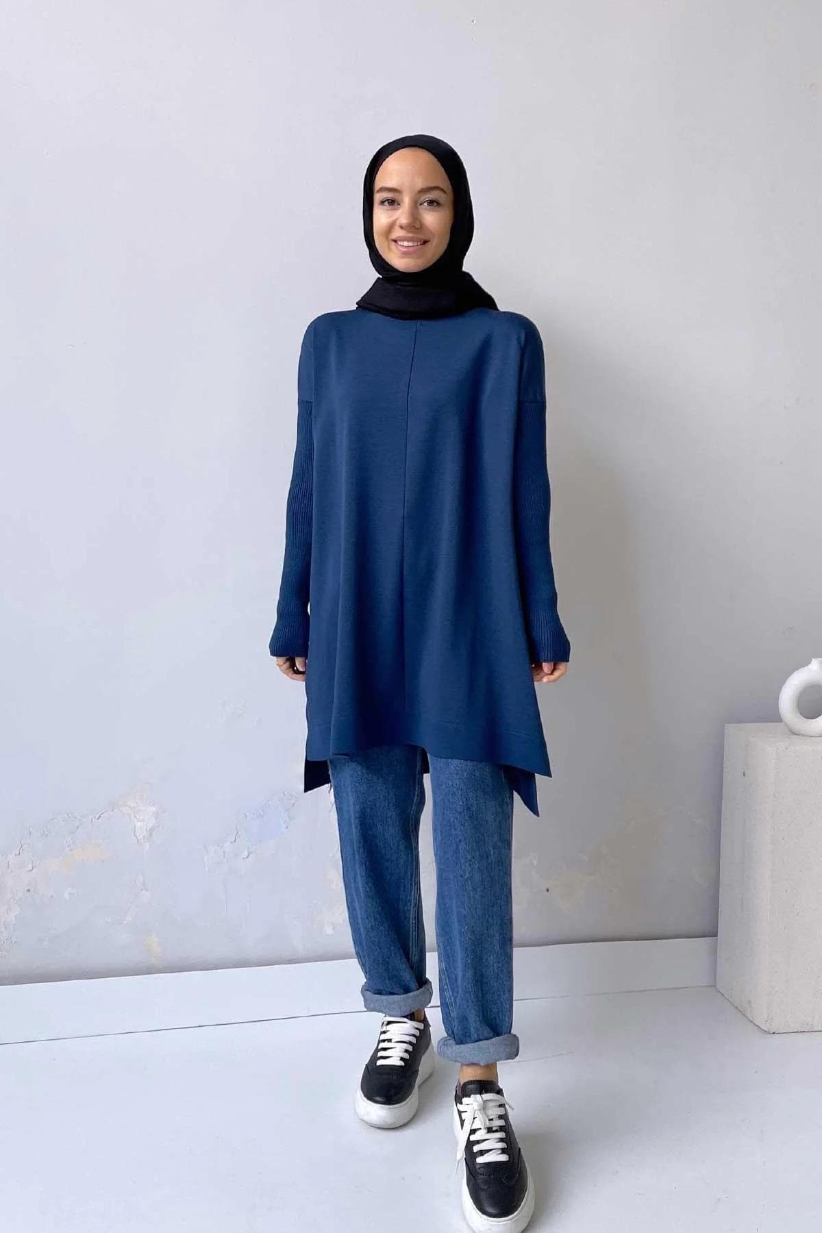 Mercerized Petrol Blue Tunic - Modest Clothing with Ribbed Details, Elegant and Versatile for Casual or Special Occasions,(KH-1747) - image 3