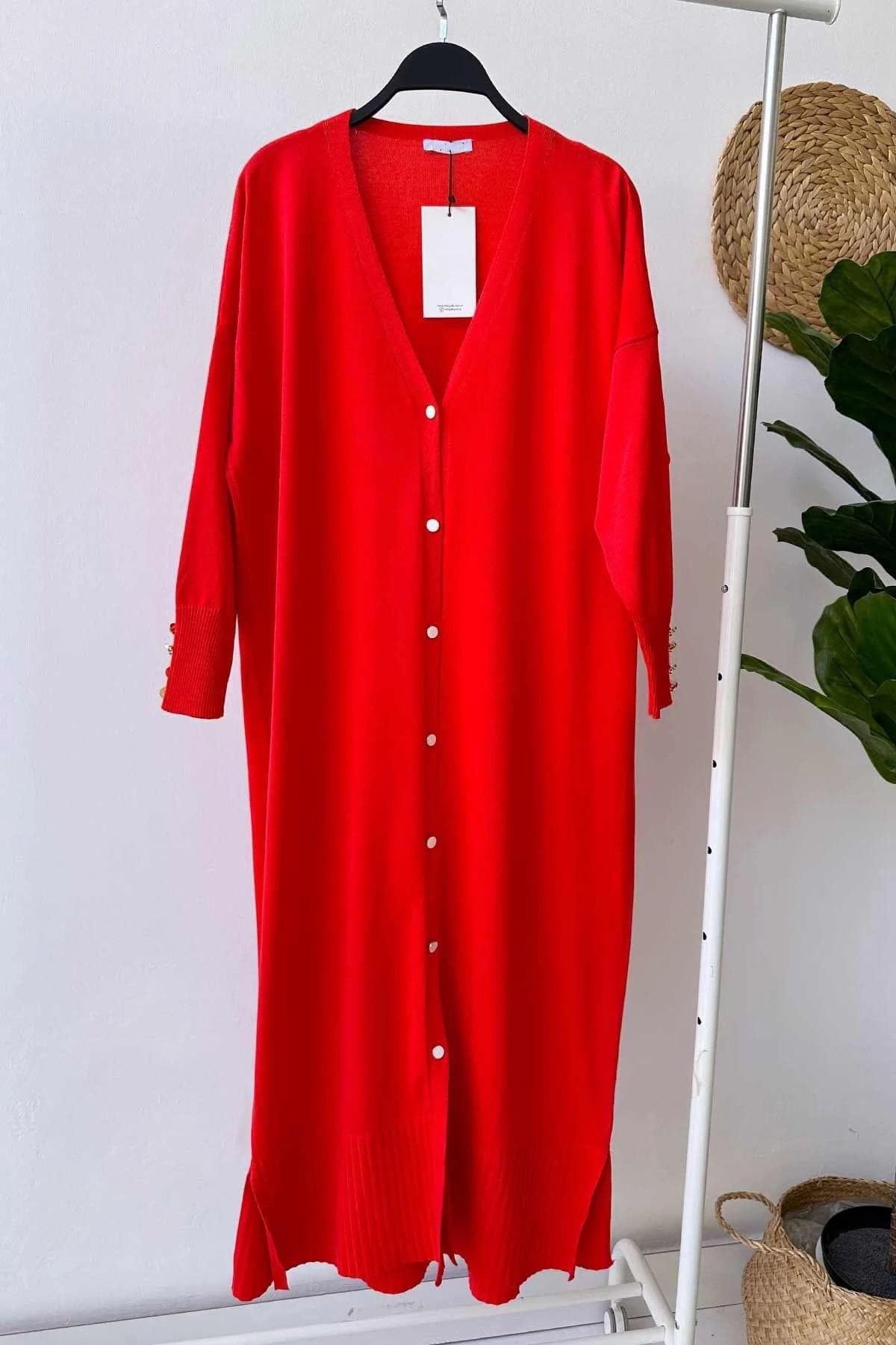 Elegant Red Maxi Length Buttoned Mercerized Cardigan - Women's Stylish Triko Knitwear, Long Sleeve Versatile Outerwear,(KH-1804) - image 4