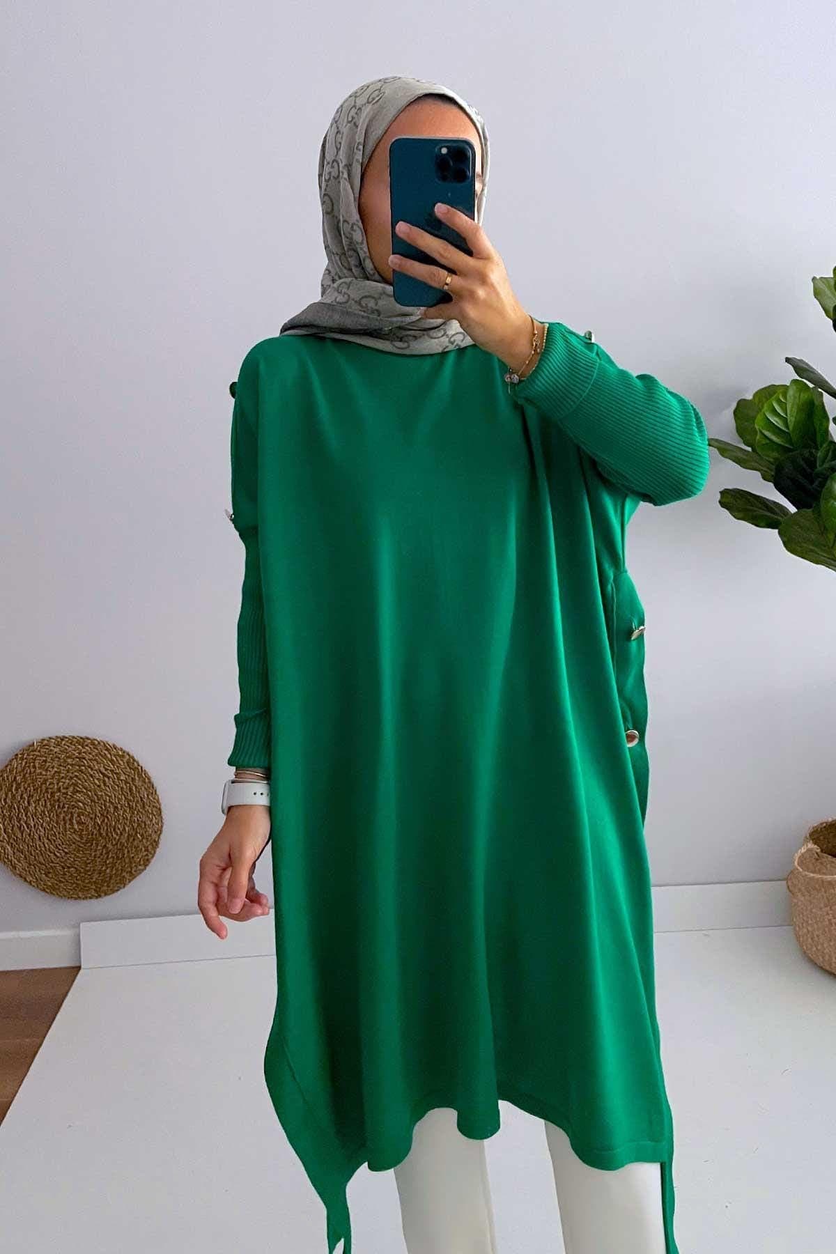 Elegant Green Poncho with Button Details, Versatile Women's Knitwear for Casual and Formal Outfits, Modest Fashion Staple,(KH-1311) - image 4