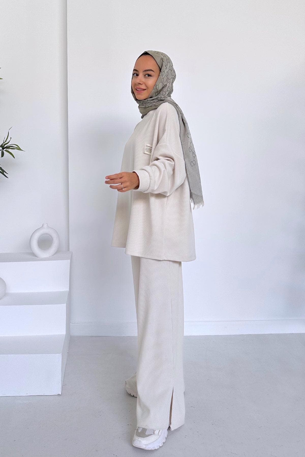 Side Slit Roving Sports Suit - Beige | Modest Fit Ribbed Loungewear Set | Two-Piece Relaxed Fit Outfit for Women,(KH-1878) - image 4