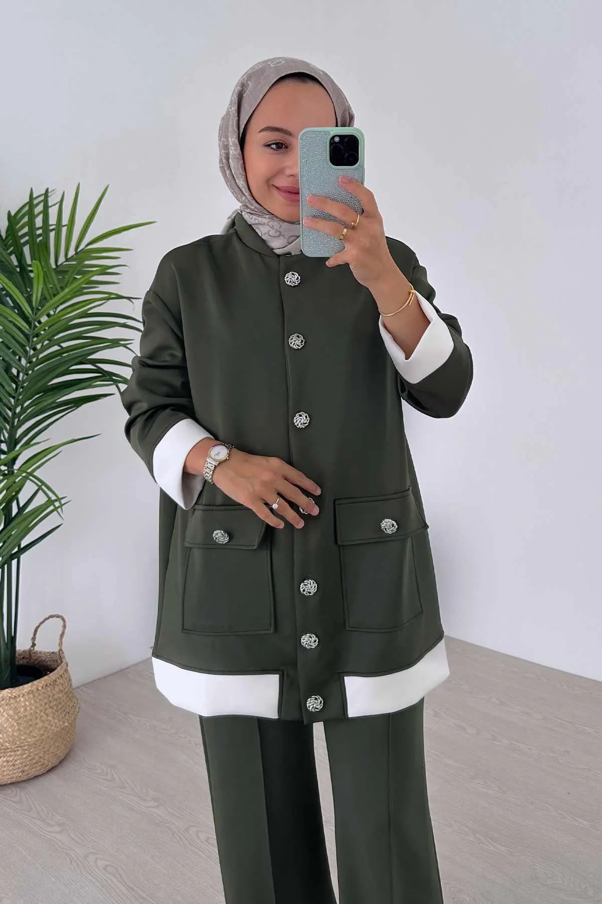 Stylish Khaki Button Detailed Double Scuba Suit for Women - Comfortable, Elegant, and Perfect for Everyday or Special Occasions,(KH-1991) - image 3