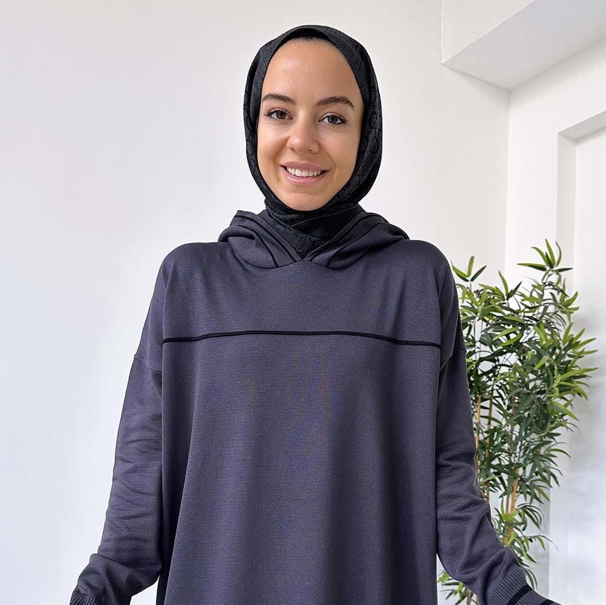 Hooded Mercerized Dress in Smoked Gray - Lightweight, Comfortable Modest Wear for All Occasions,(KH-1914)