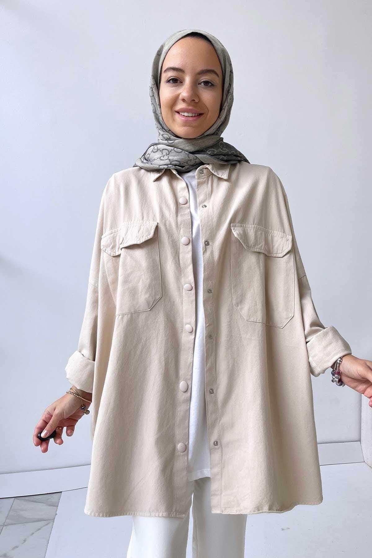 Oversized Beige Soft Shirt for Women | Relaxed Fit Casual Button-Down with Front Pockets | Trendy Modest Wear,(KH-1463) - image 4