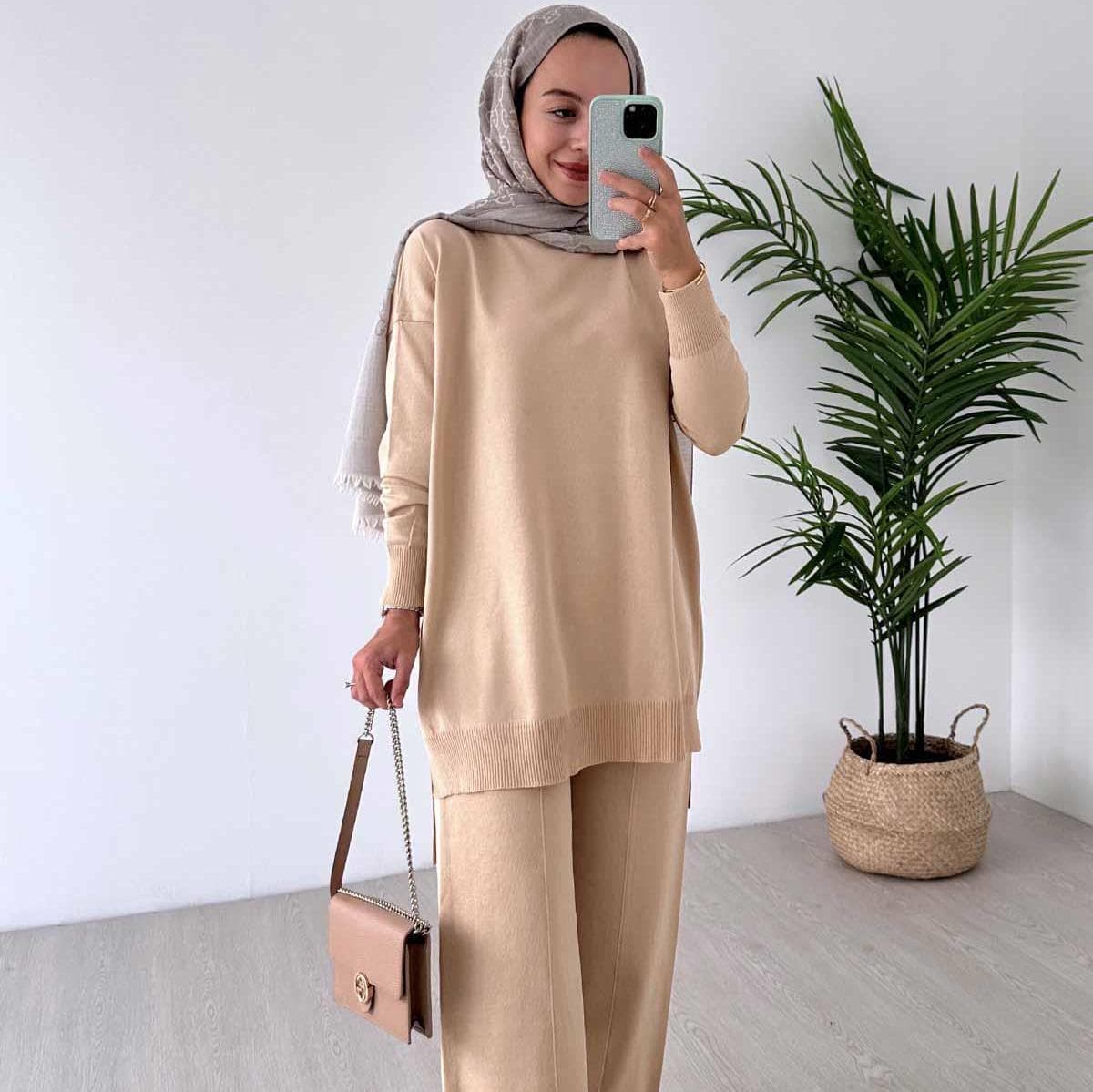 Stylish Mocha Mercerized Two-Piece Set–Luxurious Sparkling Knitwear Outfit with Comfortable Fit, Perfect for Casual or Formal Wear,(KH-1241) - image 3