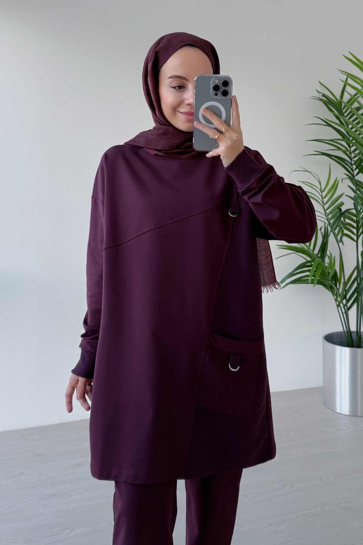 Burgundy Crew Neck Two Yarn Suit - Women's Modest Loungewear with Single Pocket, Relaxed Fit, and Comfortable Elastic Waist Pants,(KH-2021) - image 4