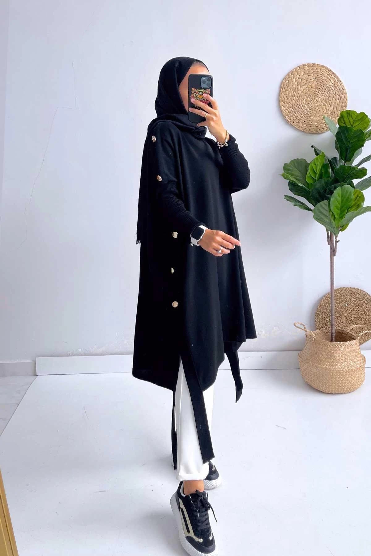 Elegant Black Poncho with Button Details - Modest Women’s Fashion, Hijab-Friendly Lightweight Knitwear, Fall Winter Outfit,(KH-1311)