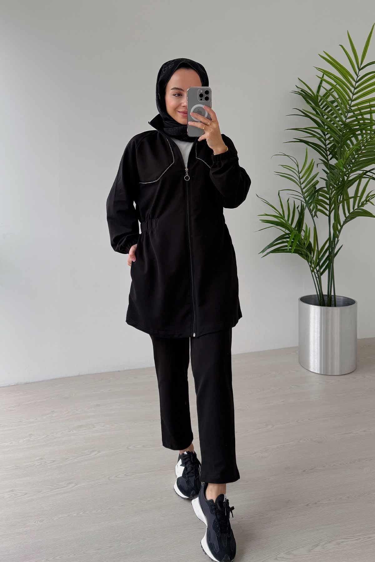 Stone Piping Waist Elastic Two Yarn Set-Black | Modest Sportswear Set , Elastic Waist & Pockets | Stylish - Comfortable,(KH-2020) - image 3
