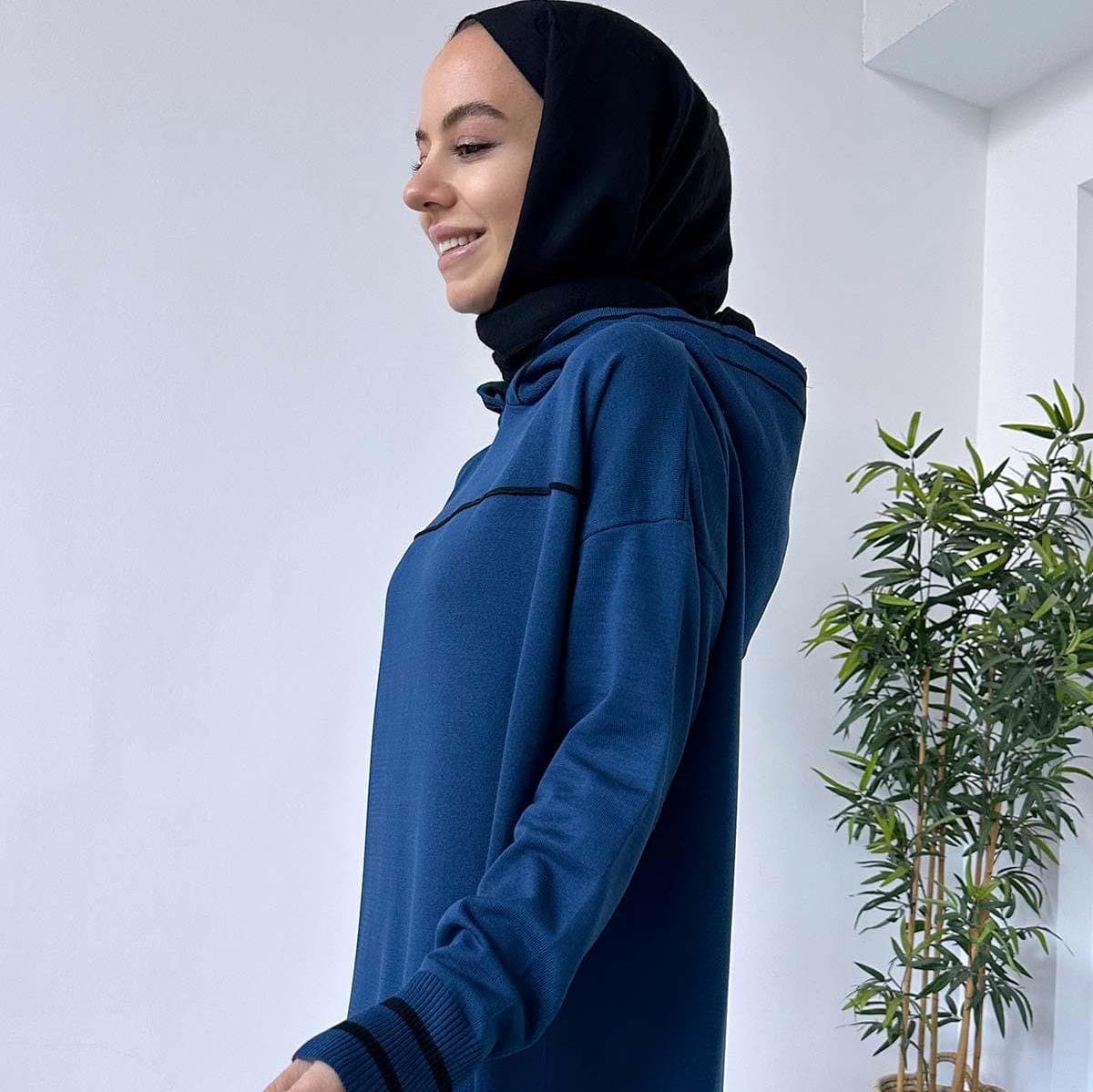 Petrol Blue Hooded Mercerized Dress - Long Modest Fashion for Women, Comfortable and Elegant Casual Wear, Hijab Friendly,(KH-1914) - image 5
