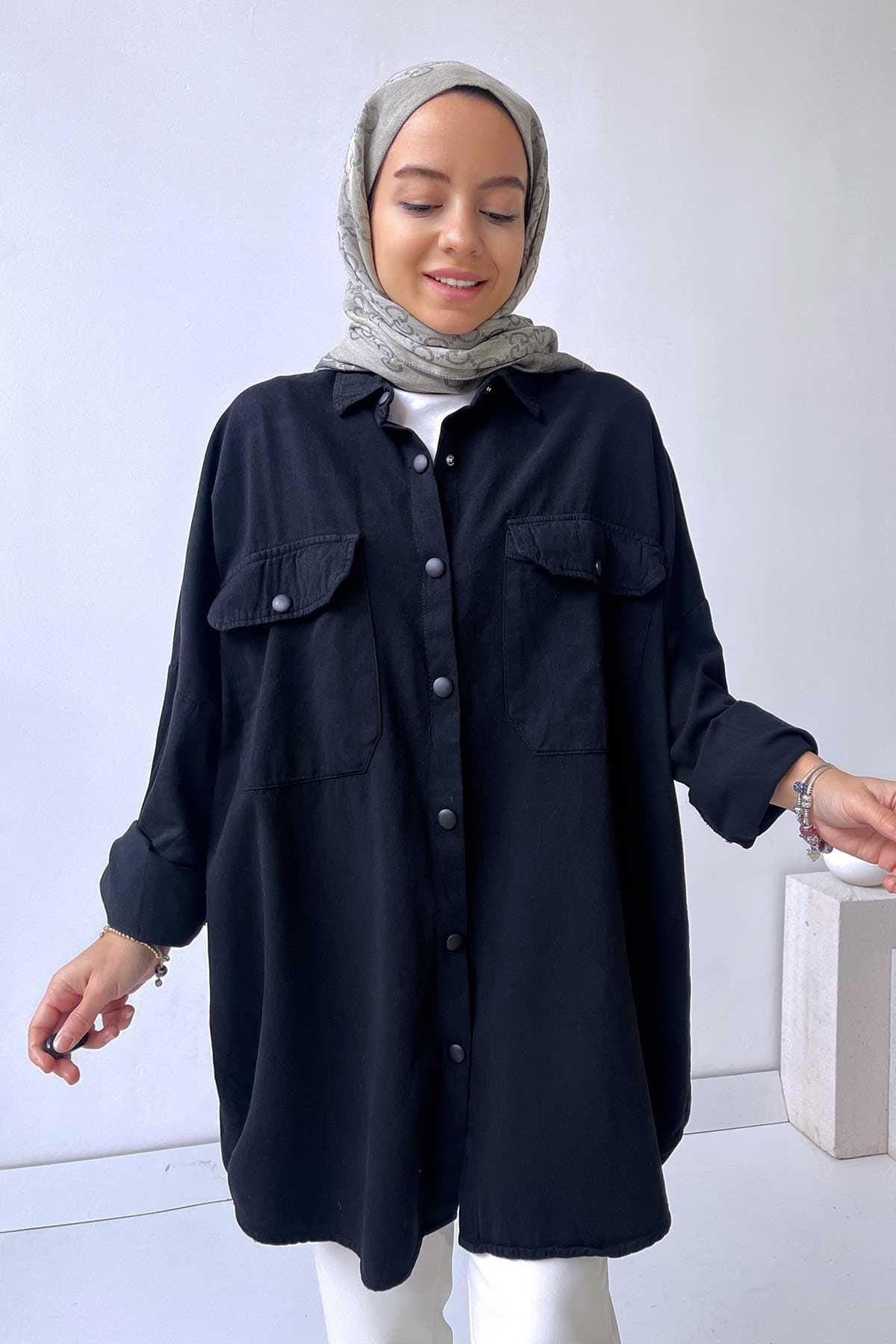 Timeless Black Soft Shirt for Women - Oversized Button-Up Gabardine Shirt with Front Pockets, Modest Casual Wear, Sizes 36-44(KH-1463) - image 4