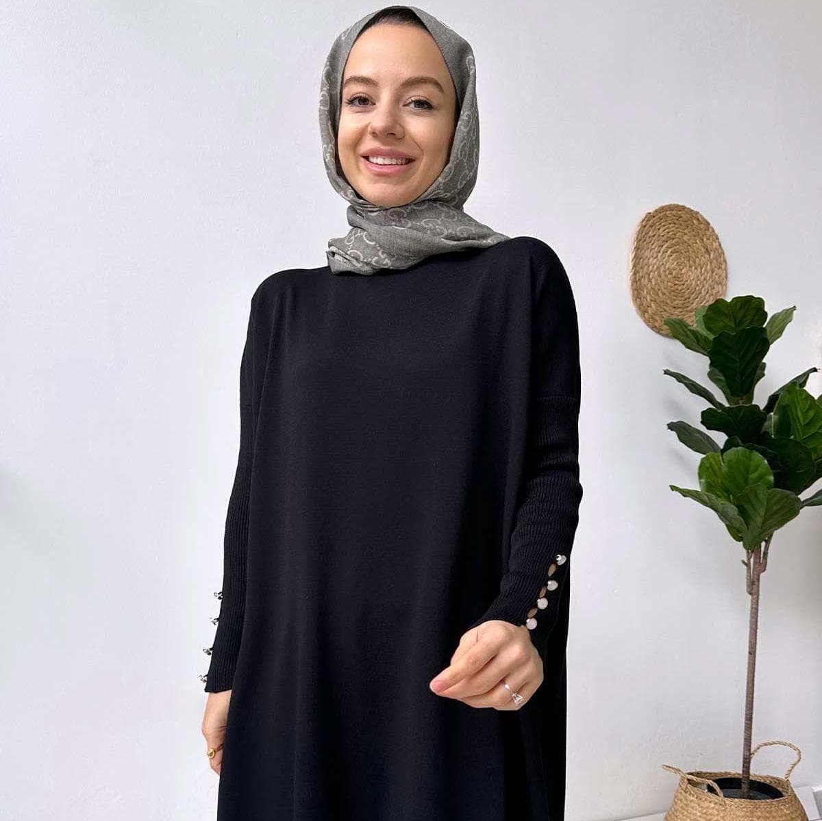 Elegant Black Mercerized Tunic with Pearl Button Sleeve Detail-Modest Wear for Women-Stylish Long Tunic for Casual & Formal Looks,(KH-1795) - image 4