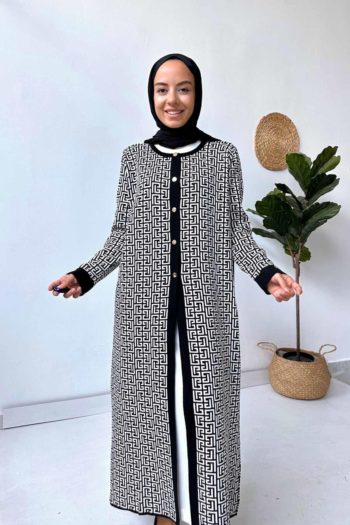 Elegant Black and White Patterned Cardigan, Longline Knitwear, Button-Up Women's Modest Fashion Outerwear for Stylish Looks,(KH-1864) - image 5