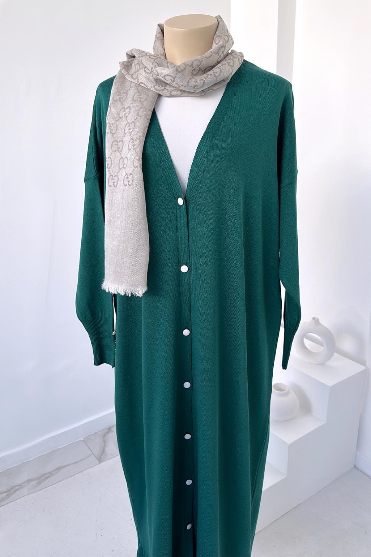 Emerald Green Maxi Length Buttoned Mercerized Cardigan - Modest Fashion, Elegant Layering, Versatile and Comfortable Knitwear,(KH-1804) - image 5