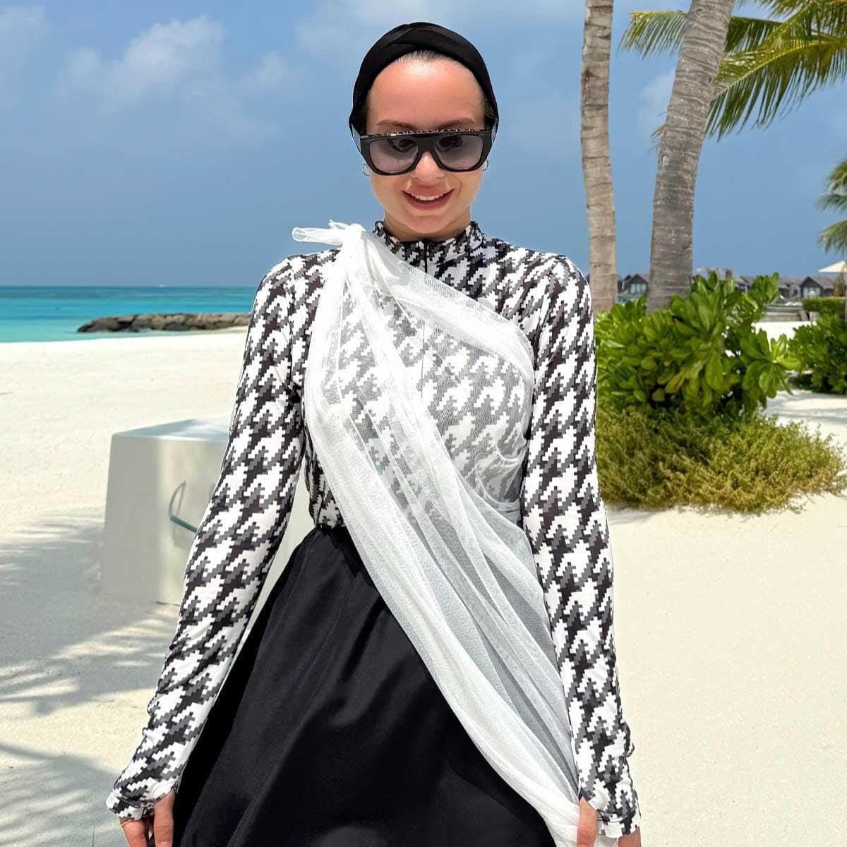 4 Piece Hijab Swimsuit Set - Modest Burkini with Skirt, Leggings, Top & Shawl - Quick Dry Full Coverage Swimwear Black,(KH-2074) - image 5