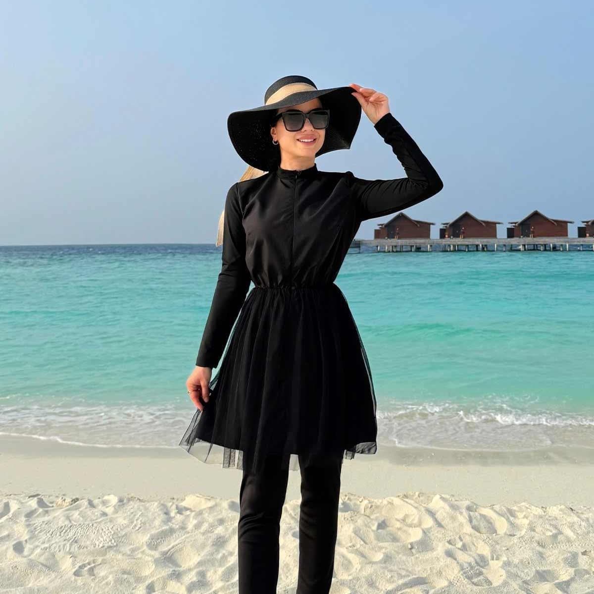 Black Modest Swimsuit with Tulle Skirt – Muslim Swimwear Full Body Coverage, Long Sleeve Burkini Set for Beach or Pool,(KH-1951)