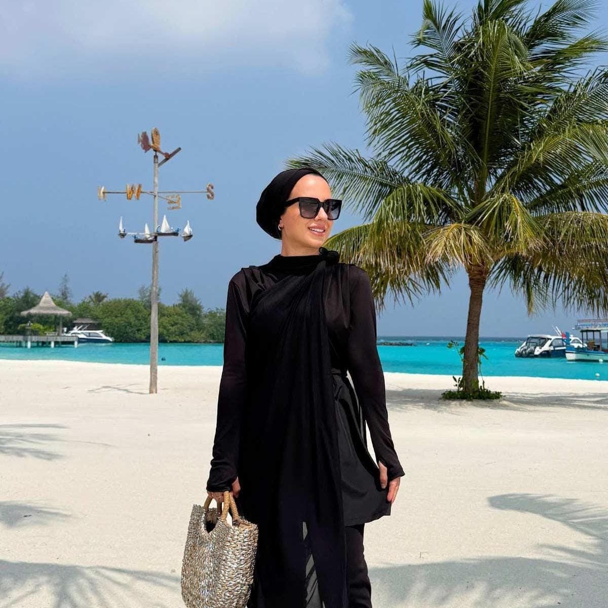 Coast 4 Piece Modest Hijab Swimsuit - Black Islamic Full Coverage Swimwear with Skirt & Sheer Cape - Quick Dry Design,(KH-2075)