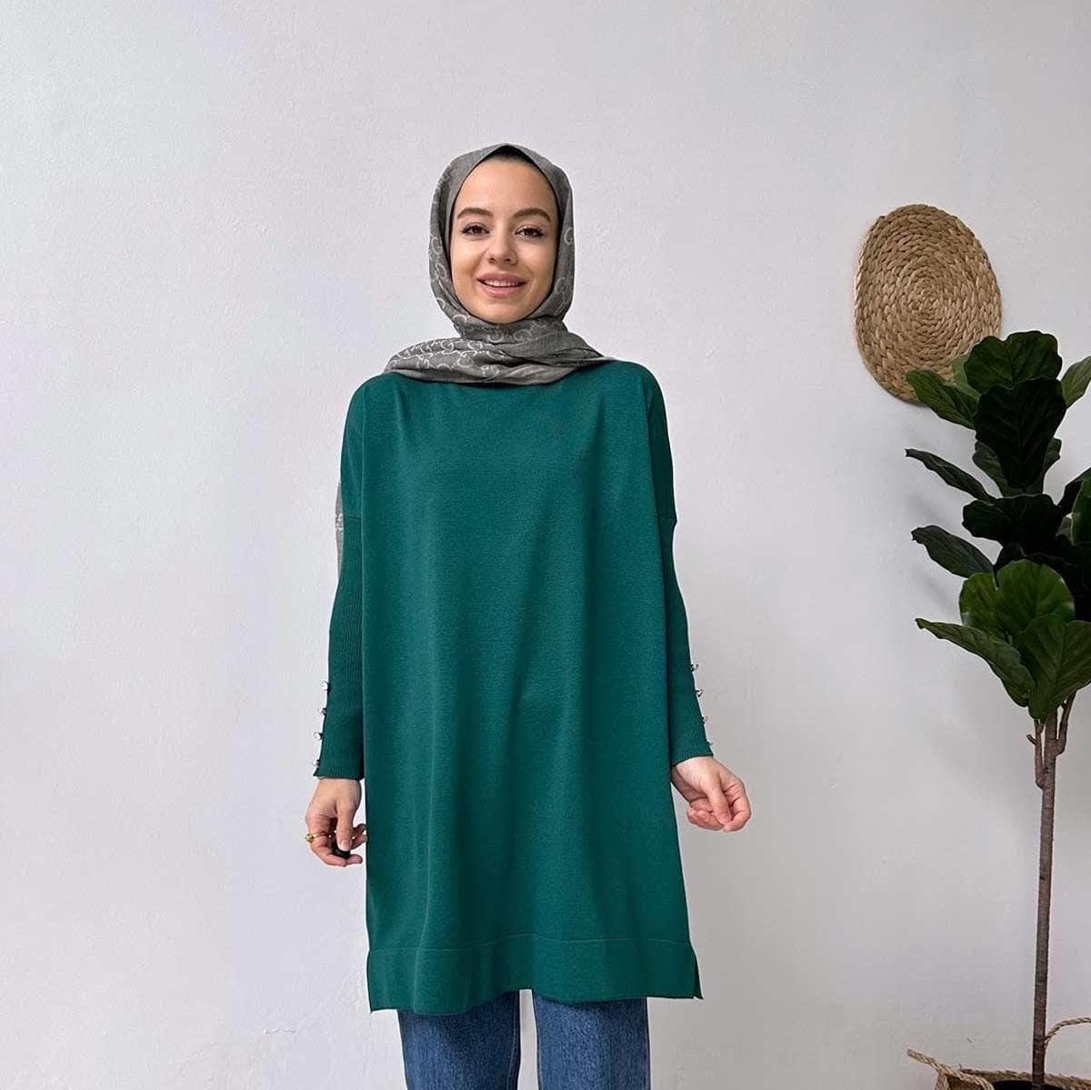 Emerald Sleeve Detail Mercerized Tunic for Modest Fashion–Lightweight, Elegant, and Comfortable Design, Perfect for Every Occasion,(KH-1795)