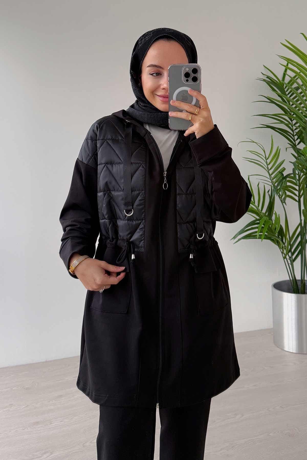 Modest Black Two-Piece Set | Hooded Rope Binding Tunic & Pants | Stylish Casual Wear | Double Pocket Design | Hijab Outfit,(KH-2019) - image 3