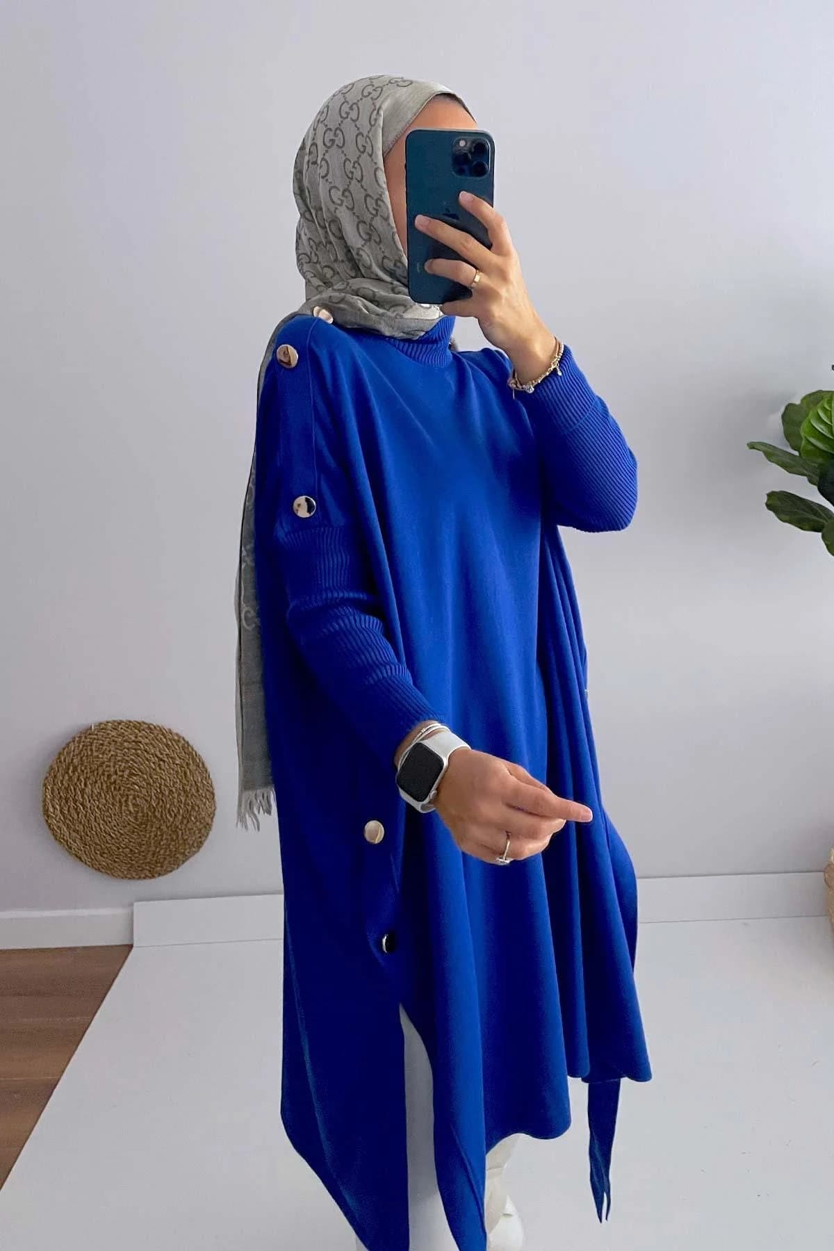 Sax Blue Buttoned Poncho for Women - Perfect Modest Wear - Elegant, Practical, and Ideal for Layering All Year Long,(KH-1311)