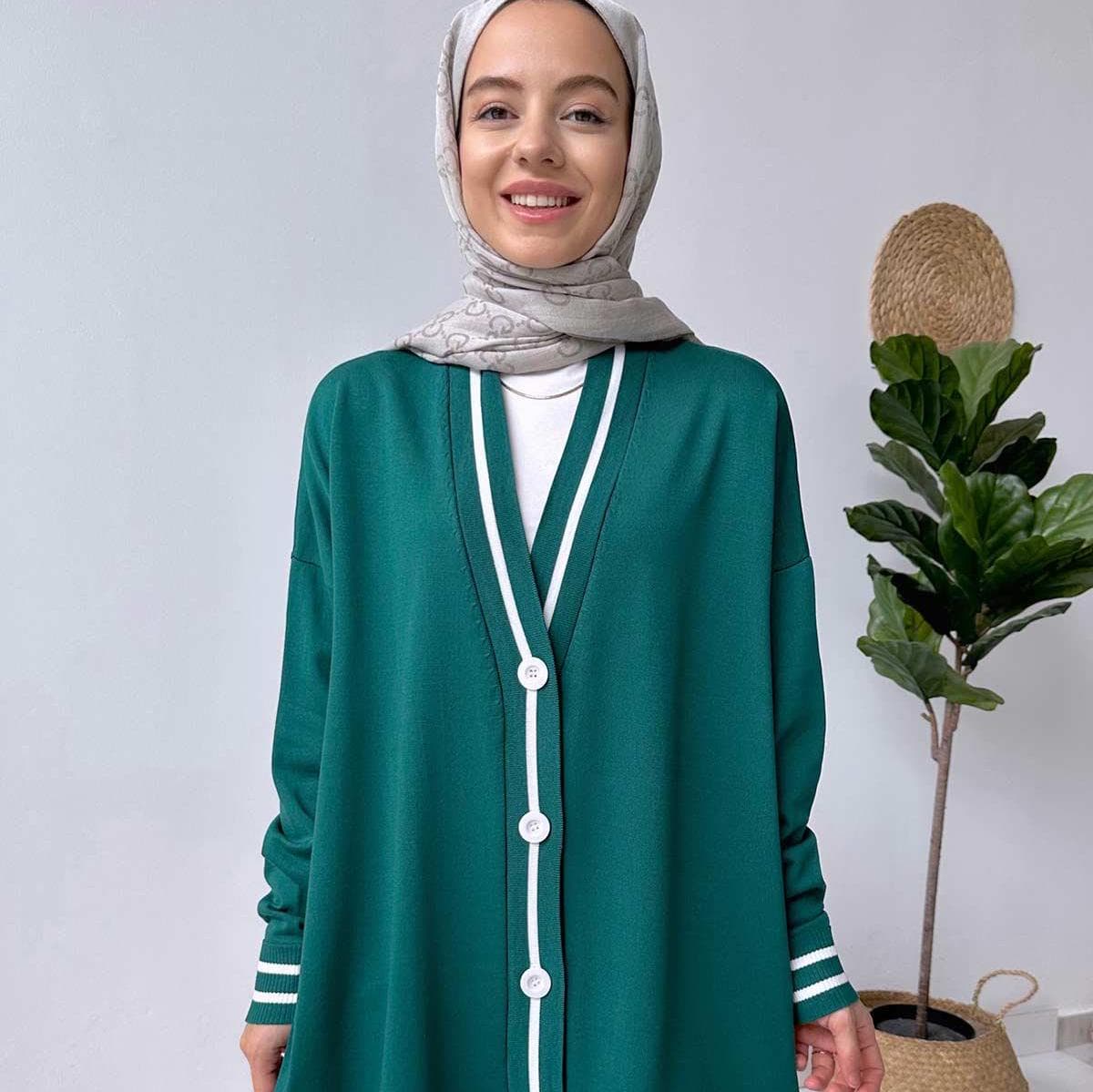 Emerald Green Mercerized Cardigan with Line Details, Button-Up Design, Modest Fashion Outerwear for Women, Lightweight Knitwear,(KH-1824) - image 5