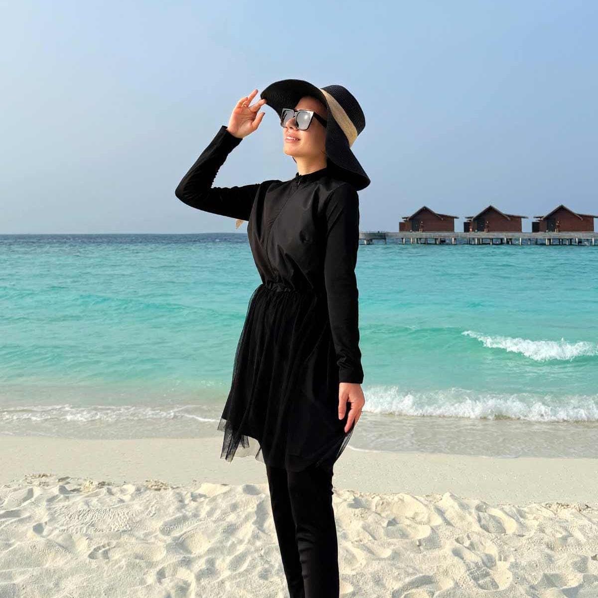 Black Modest Swimsuit with Tulle Skirt – Muslim Swimwear Full Body Coverage, Long Sleeve Burkini Set for Beach or Pool,(KH-1951) - image 5