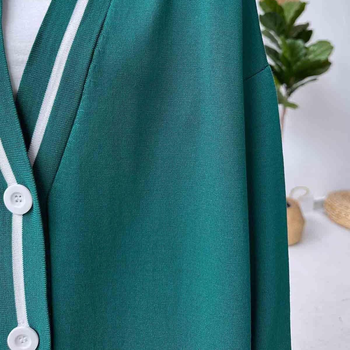 Emerald Green Mercerized Cardigan with Line Details, Button-Up Design, Modest Fashion Outerwear for Women, Lightweight Knitwear,(KH-1824) - image 3