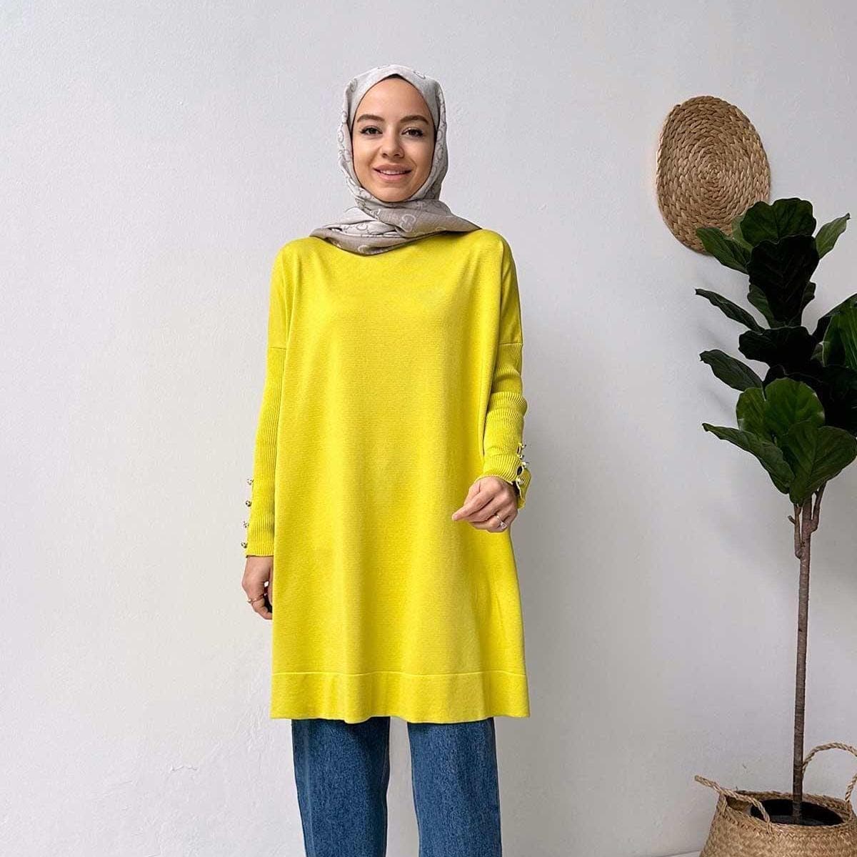 Sleeve Detail Mercerized Tunic - Oil Green | Modest Clothing | Lightweight Knit Tunic for Casual and Formal Occasions,(KH-1795) - image 3