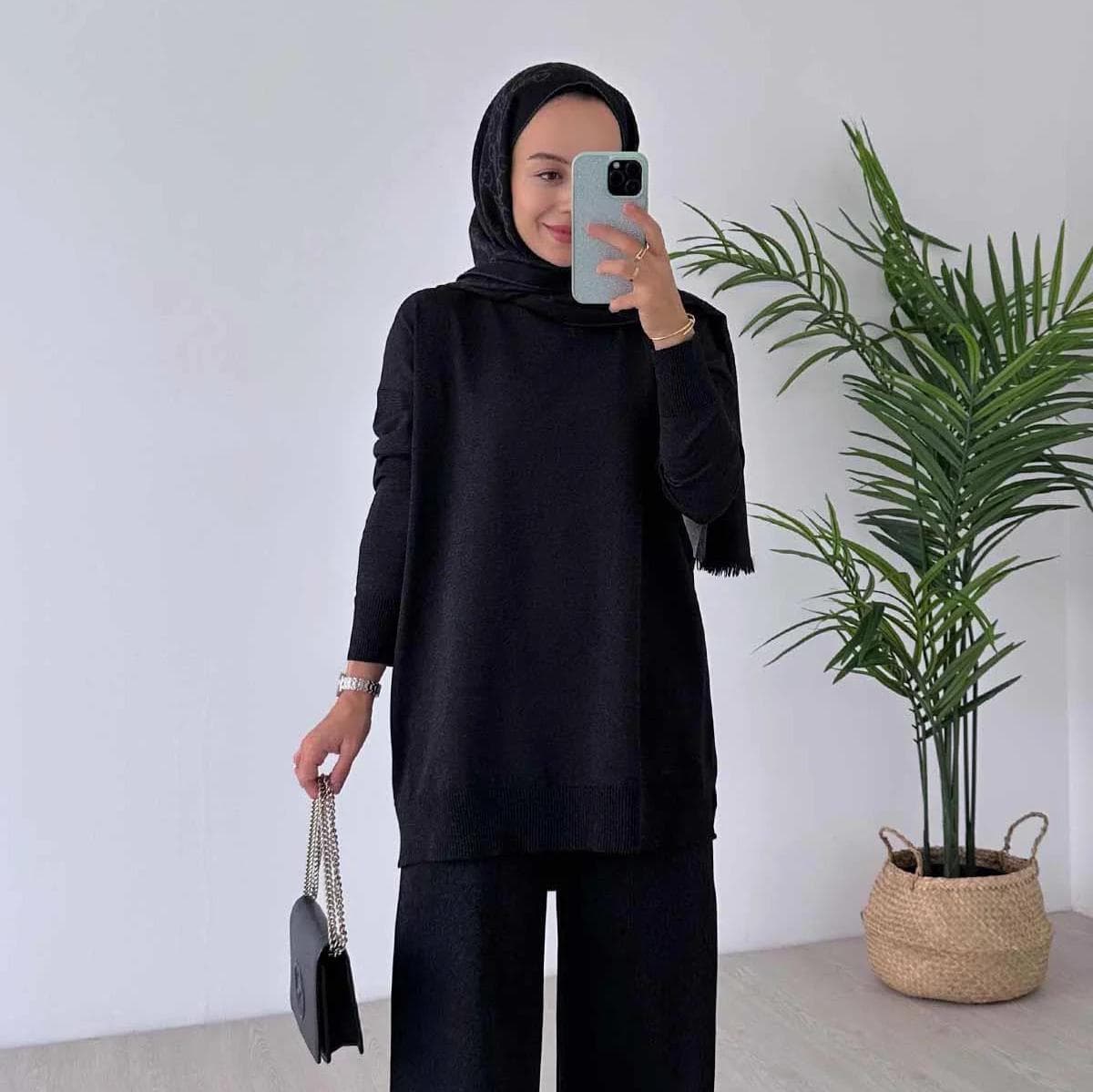 Black Sparkling Mercerized Suit for Women – Elegant Two-Piece Knitwear Set with Oversized Top and Wide-Leg Pants,(KH-1241) - image 3