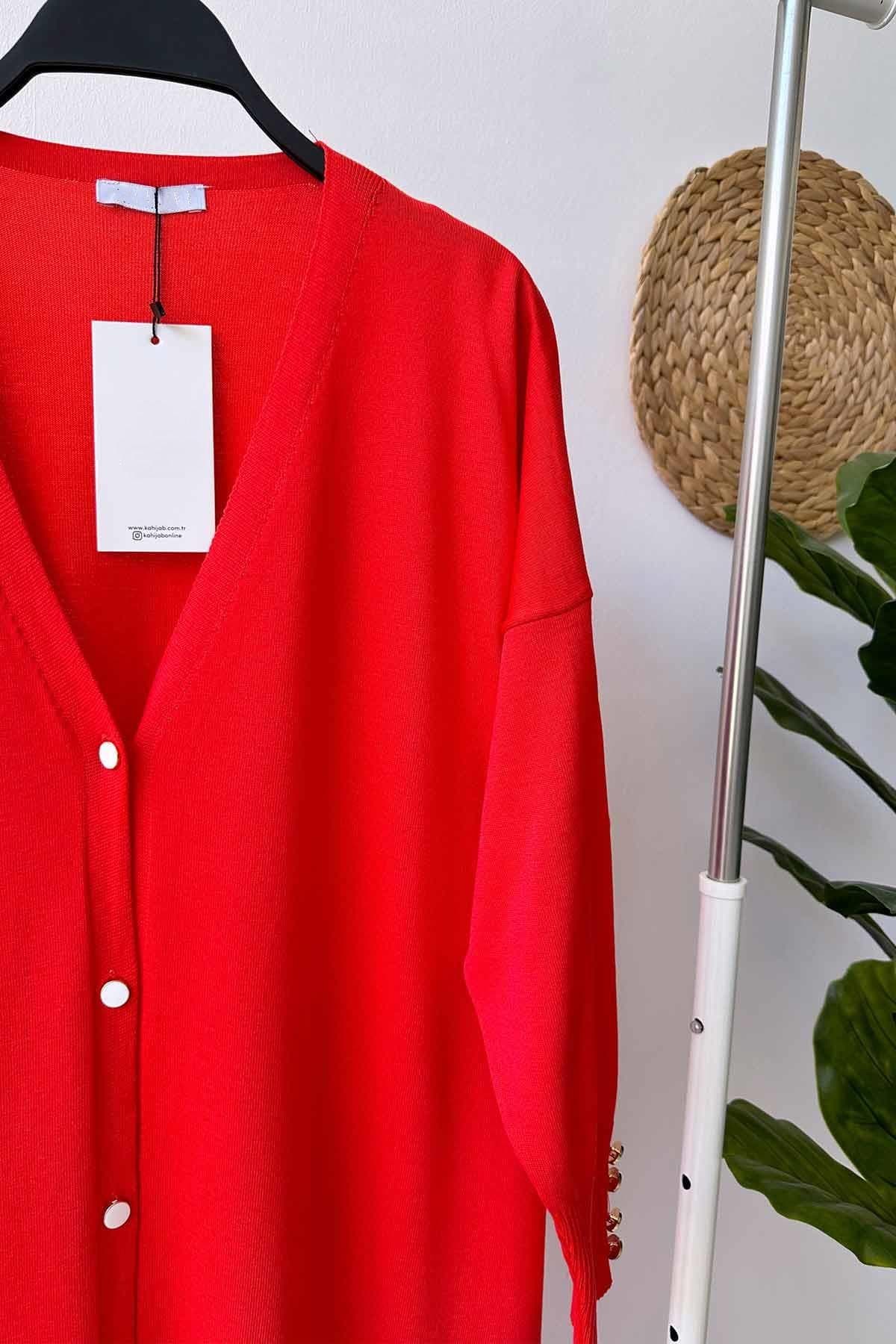 Elegant Red Maxi Length Buttoned Mercerized Cardigan - Women's Stylish Triko Knitwear, Long Sleeve Versatile Outerwear,(KH-1804) - image 3