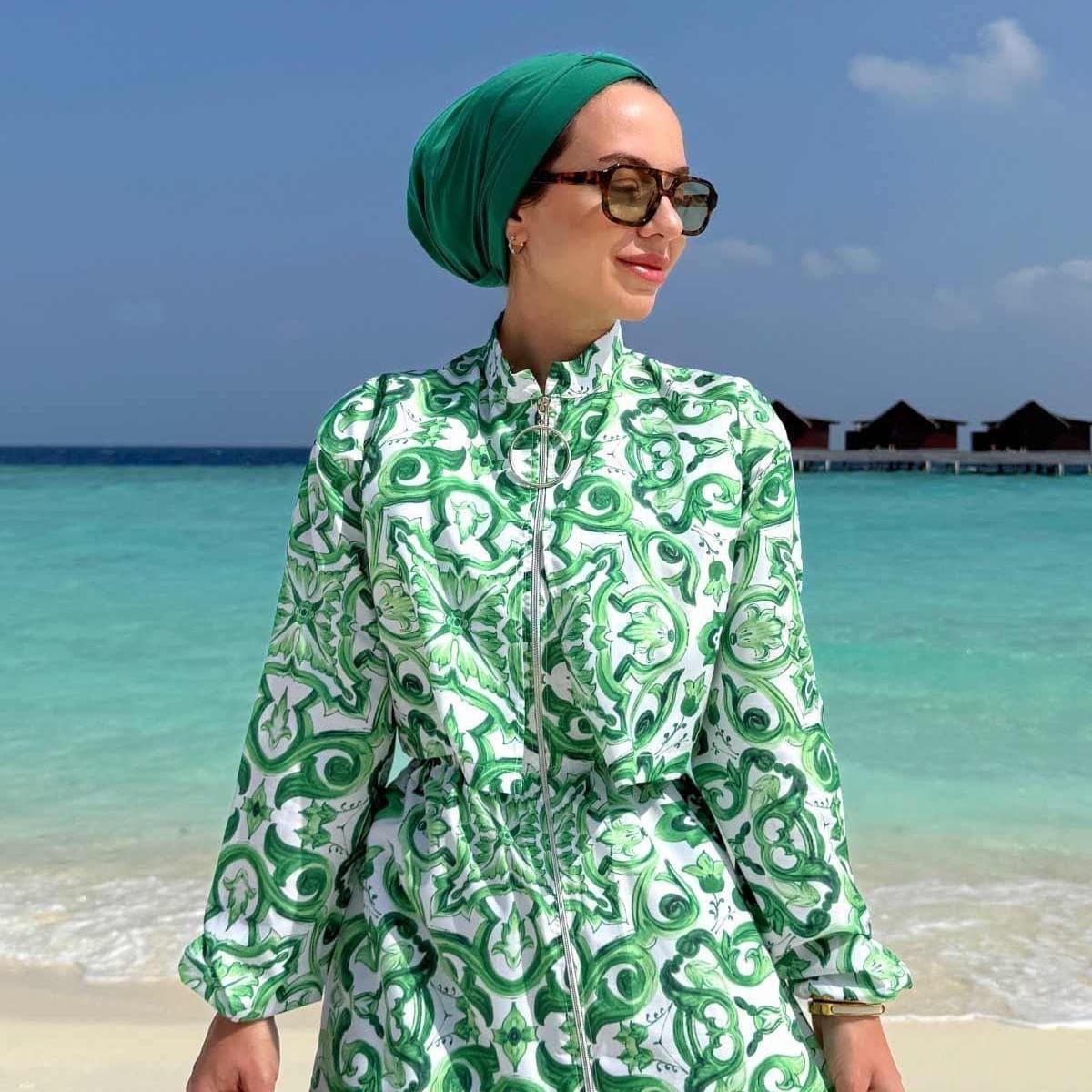 Green Patterned Modest Hijab Swimsuit for Women, Full-Cover Swimwear with Belt, Perfect for Beach and Pool Days, Quick Dry Fabric,(KH-1204) - image 5