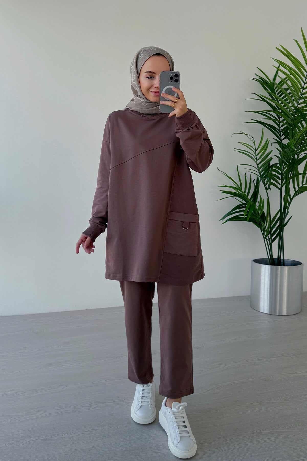 Brown Crew Neck Two Yarn Suit with Single Pocket | Comfortable Everyday Wear for Women | Stylish Modest Casual Outfit,(KH-2021) - image 3