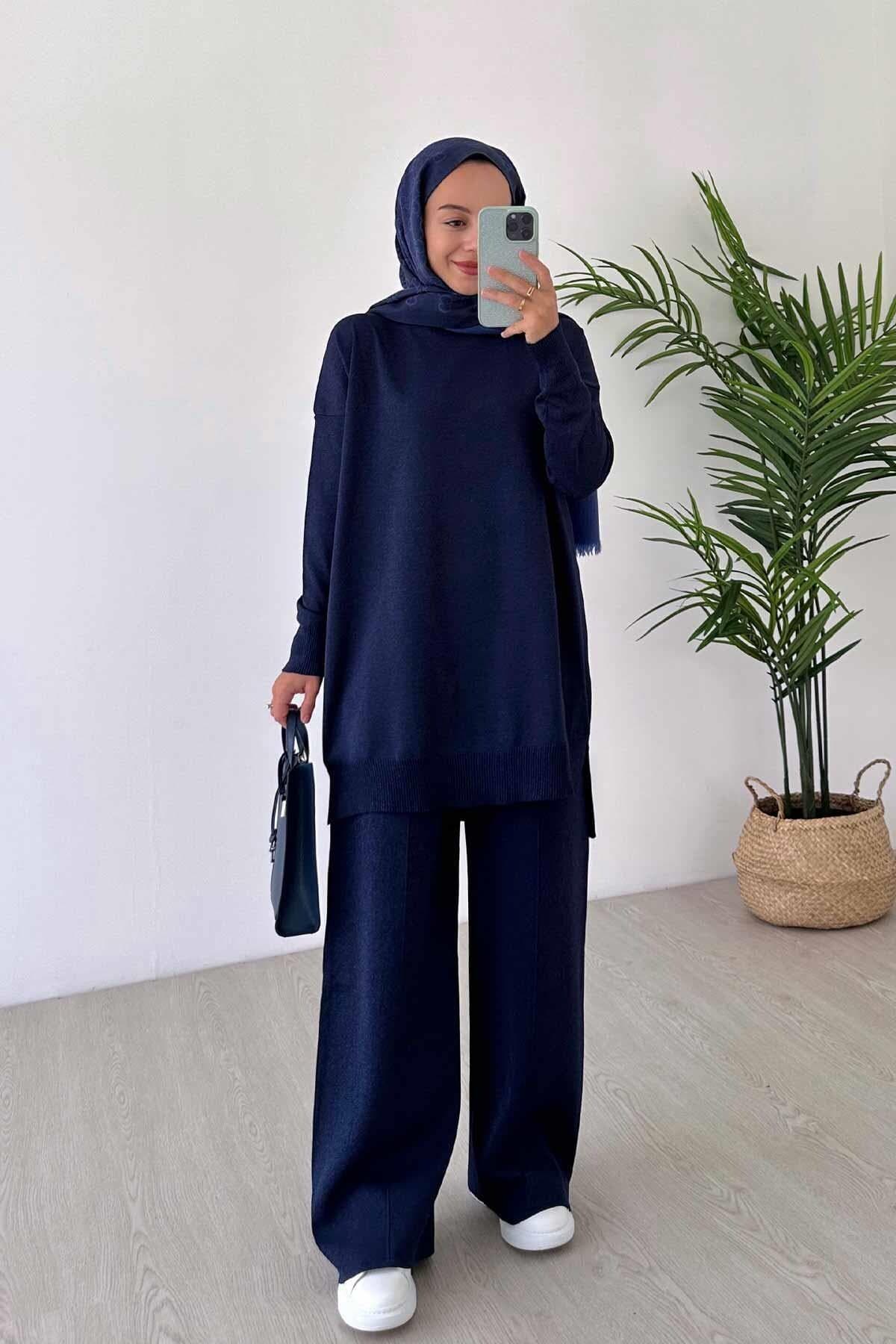 Navy Blue Women’s Sparkling Mercerized Set – Luxurious Oversized Top and Wide Pants, Soft Knitwear for Modern and Effortless Style,(KH-1241) - image 4