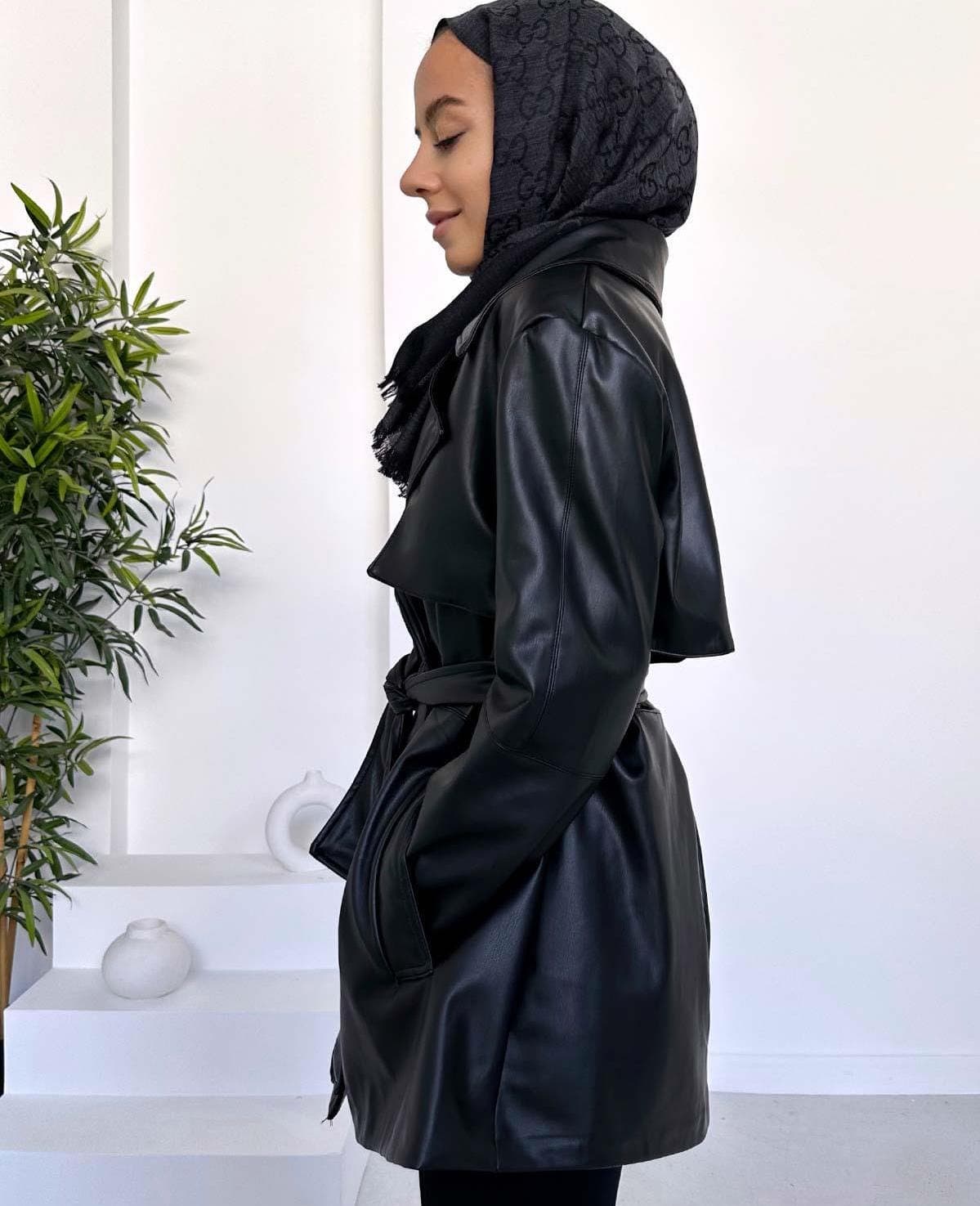 Belted Faux Leather Jacket for Women - Black PU Leather Blazer Coat with Side Pockets - Trendy Vegan Leather Outerwear,(KH-1882) - image 3