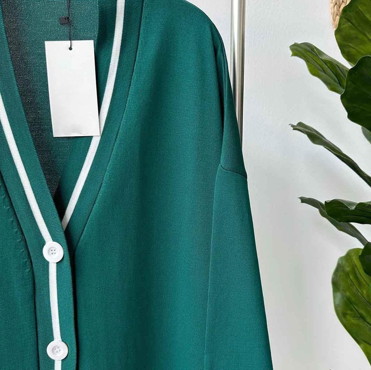 Emerald Green Mercerized Cardigan with Line Details, Button-Up Design, Modest Fashion Outerwear for Women, Lightweight Knitwear,(KH-1824) - image 4
