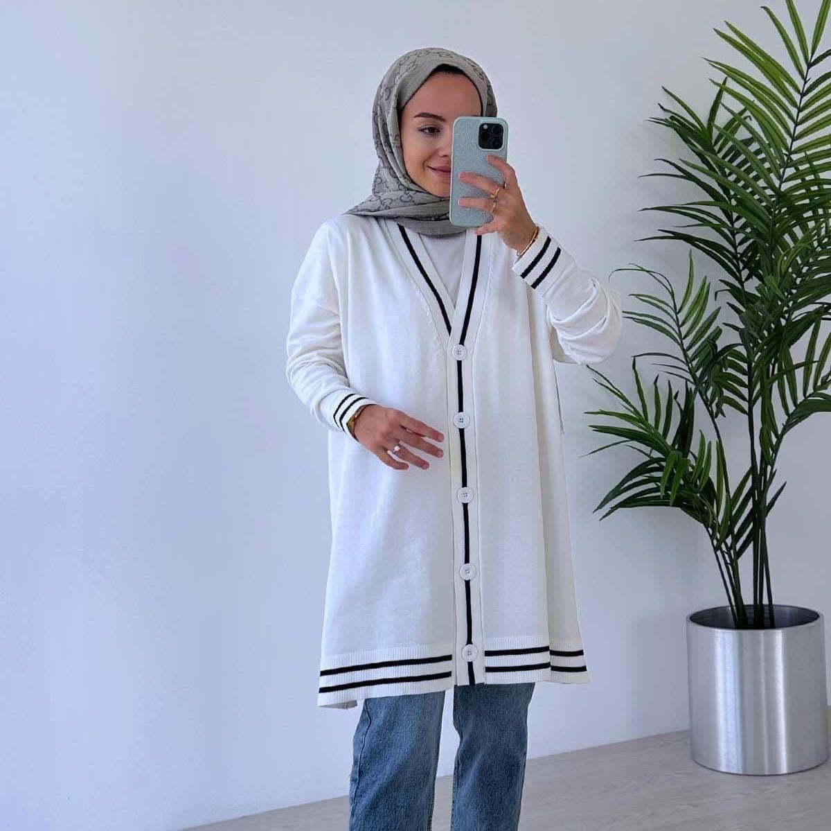 Stylish Line Detail Button Mercerized Cardigan -Elegant White Knitwear for Women, Perfect Layering Piece for Casual & Formal Looks,(KH-1824)