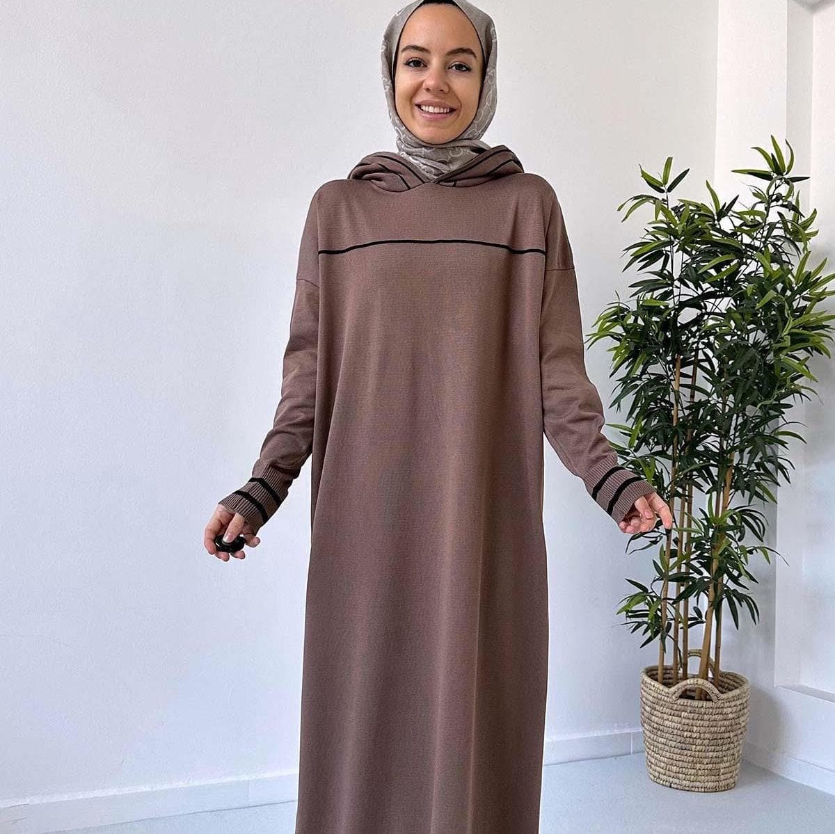 Hooded Mercerized Dress - Brown | Modest Fashion Long Dress for Women | Stylish & Comfortable Hoodie Dress for Casual Wear,(KH-1914)
