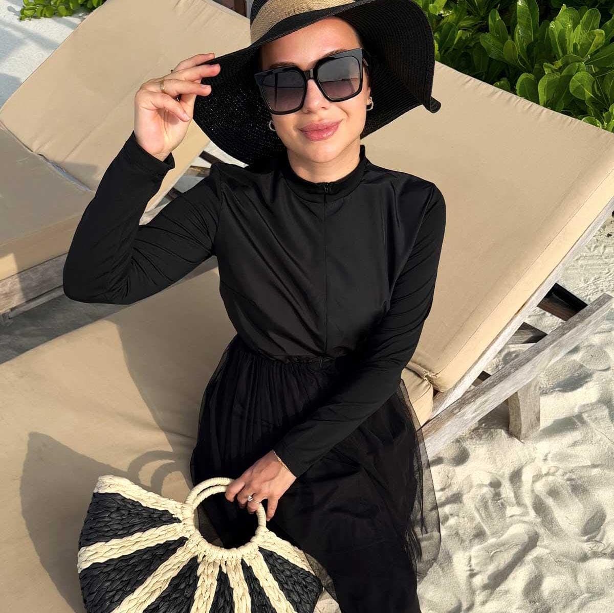 Black Modest Swimsuit with Tulle Skirt – Muslim Swimwear Full Body Coverage, Long Sleeve Burkini Set for Beach or Pool,(KH-1951) - image 4