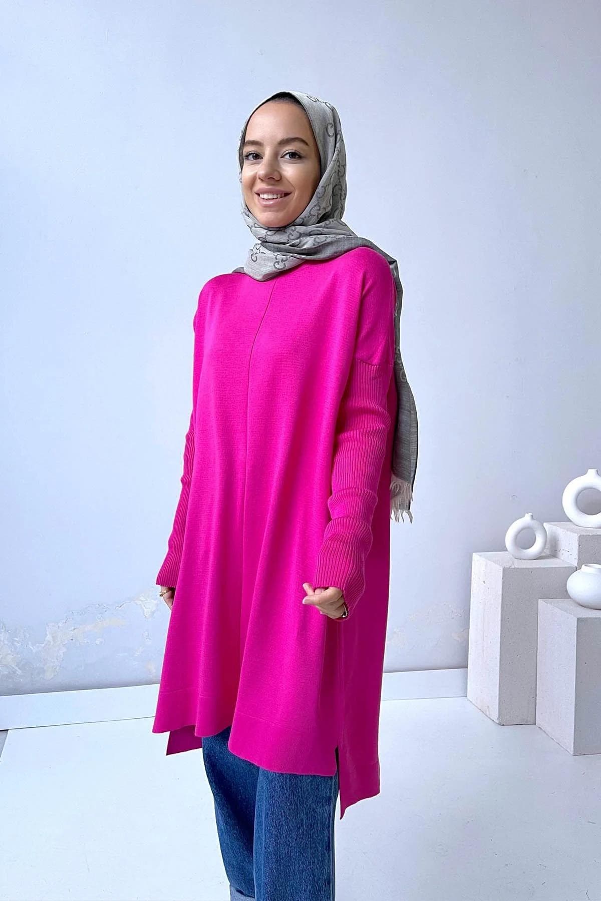 Fuchsia Mercerized Tunic for Women–Elegant Fuchsia Knitwear with Long Sleeves, Oversized Fit,Perfect for Casual and Formal Outfits,(KH-1747) - image 5