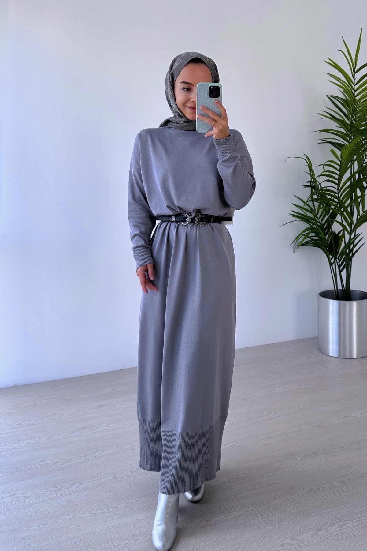 Gray Mercerized Knitwear Dress for Women - Modest Long-Sleeve Lightweight Ribbed Design - Perfect for Casual and Formal Occasions,(KH-1718) - image 5
