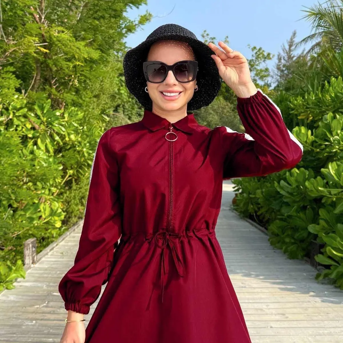 Sequin Detail Burgundy Modest Swimsuit 2-Piece Set – Adjustable Waist, Fast Drying, Elegant Design for Covered Beachwear Look,(KH-2073) - image 5