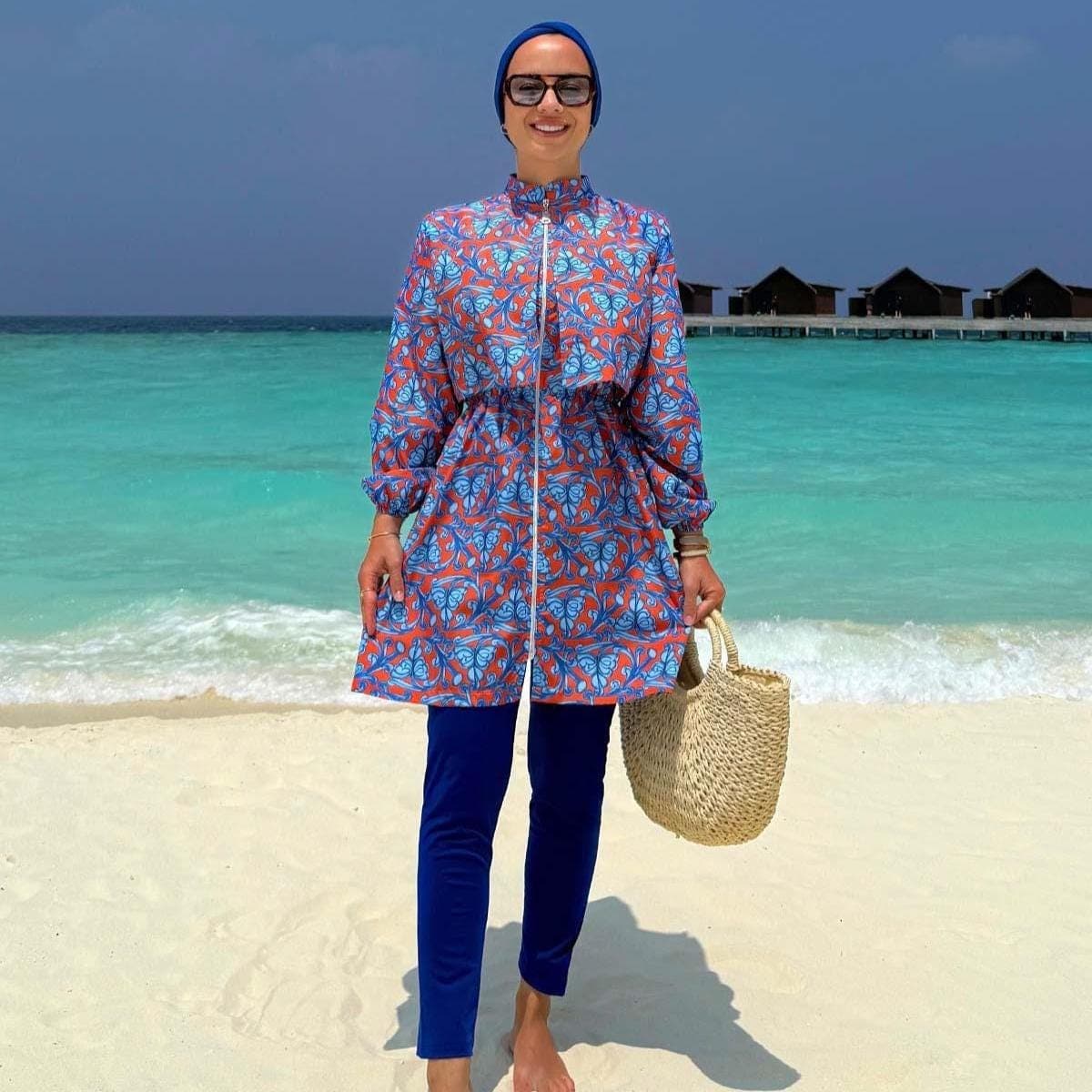 Modest Swimsuit for Women in Saxe Blue – Fast-Drying, Lightweight, Full Coverage Islamic Swimwear with Printed Zip-Up Tunic,(KH-2066) - image 4